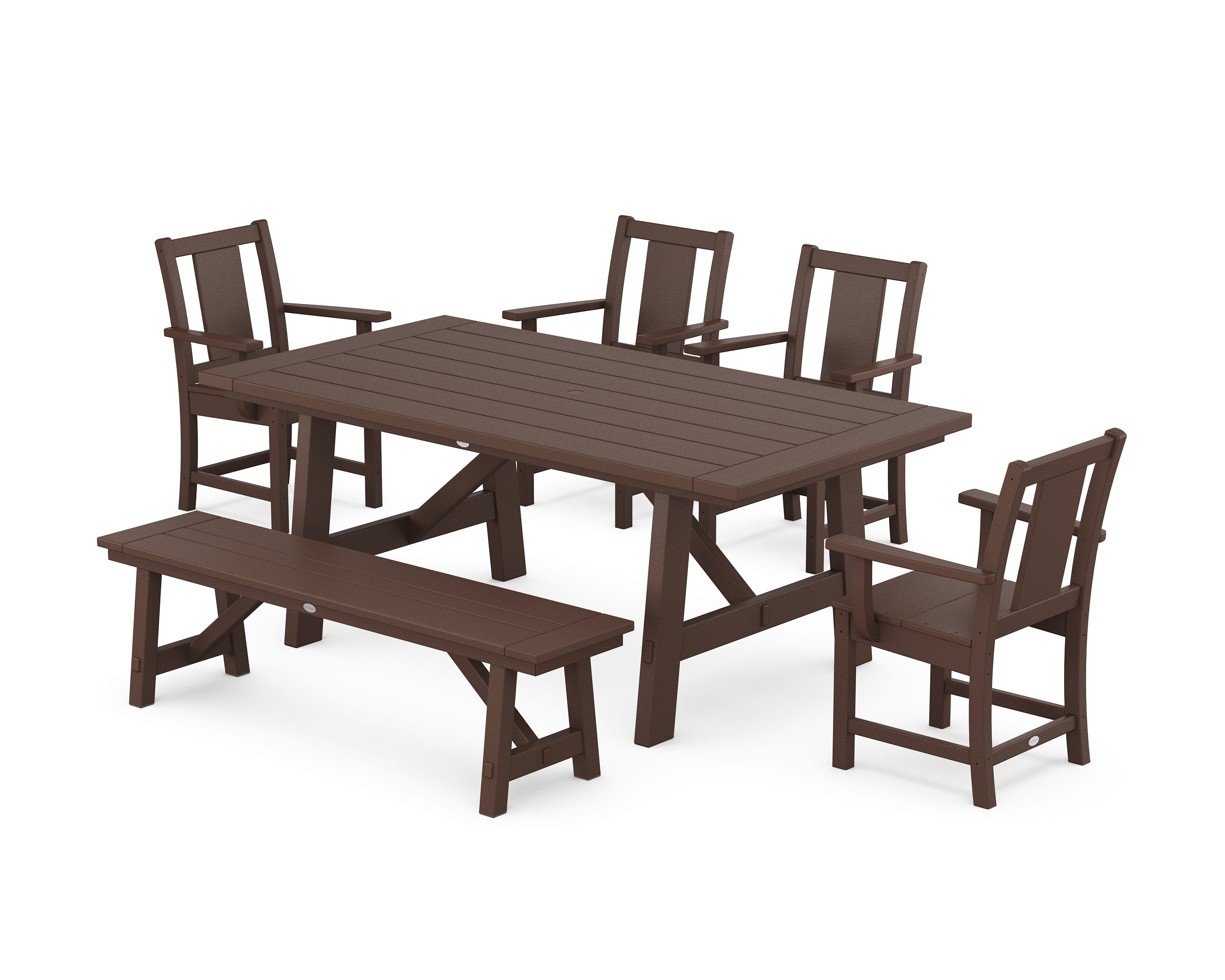 Prairie 6-Piece Rustic Farmhouse Dining Set with Bench in Mahogany