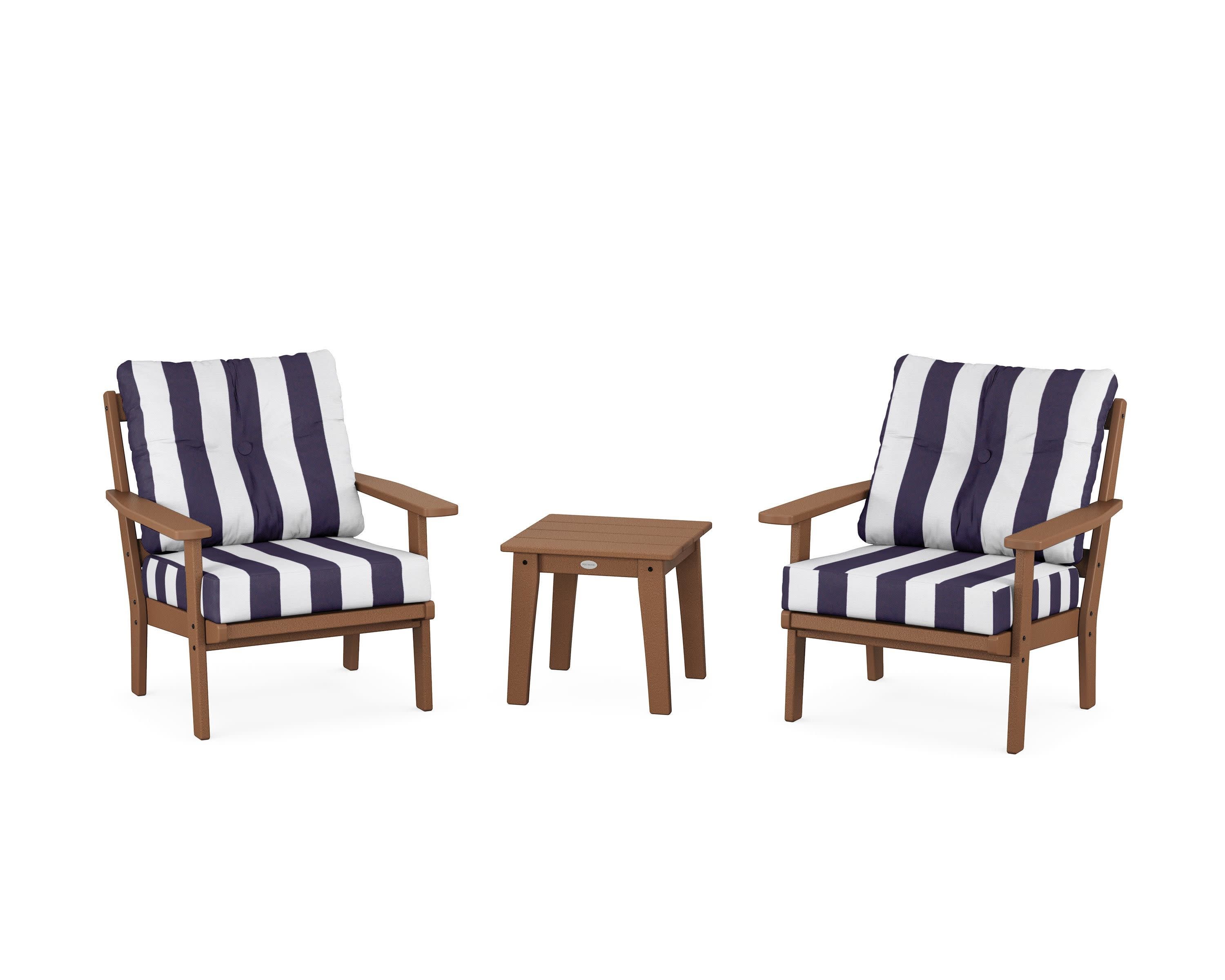 Prairie 3-Piece Deep Seating Set in Teak / Cabana Stripe Navy