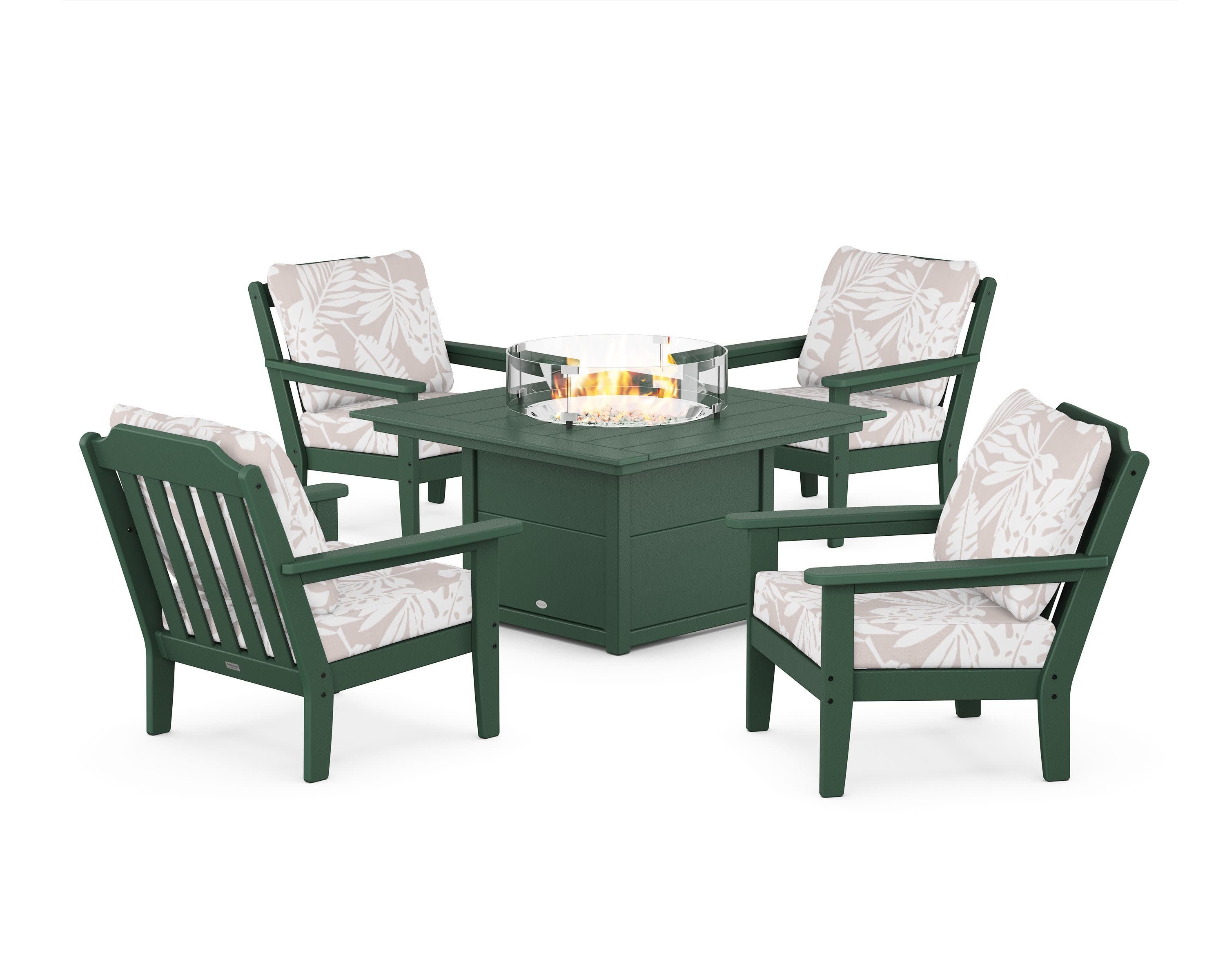 Cottage 5-Piece Deep Seating Set with Fire Pit Table in Green / Leaf Dune Burlap