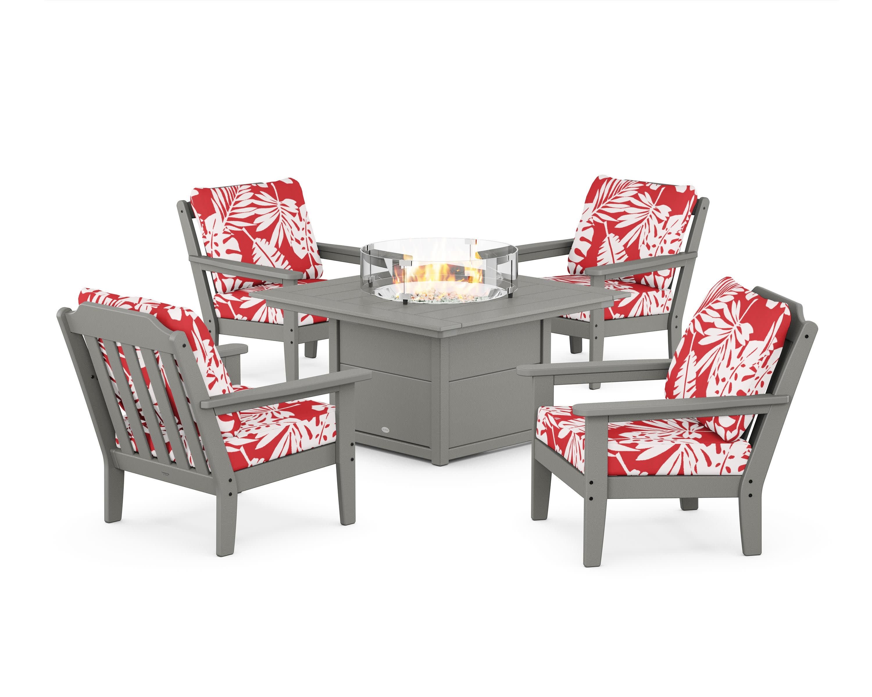 Cottage 5-Piece Deep Seating Set with Fire Pit Table in Slate Grey / Leaf Crimson
