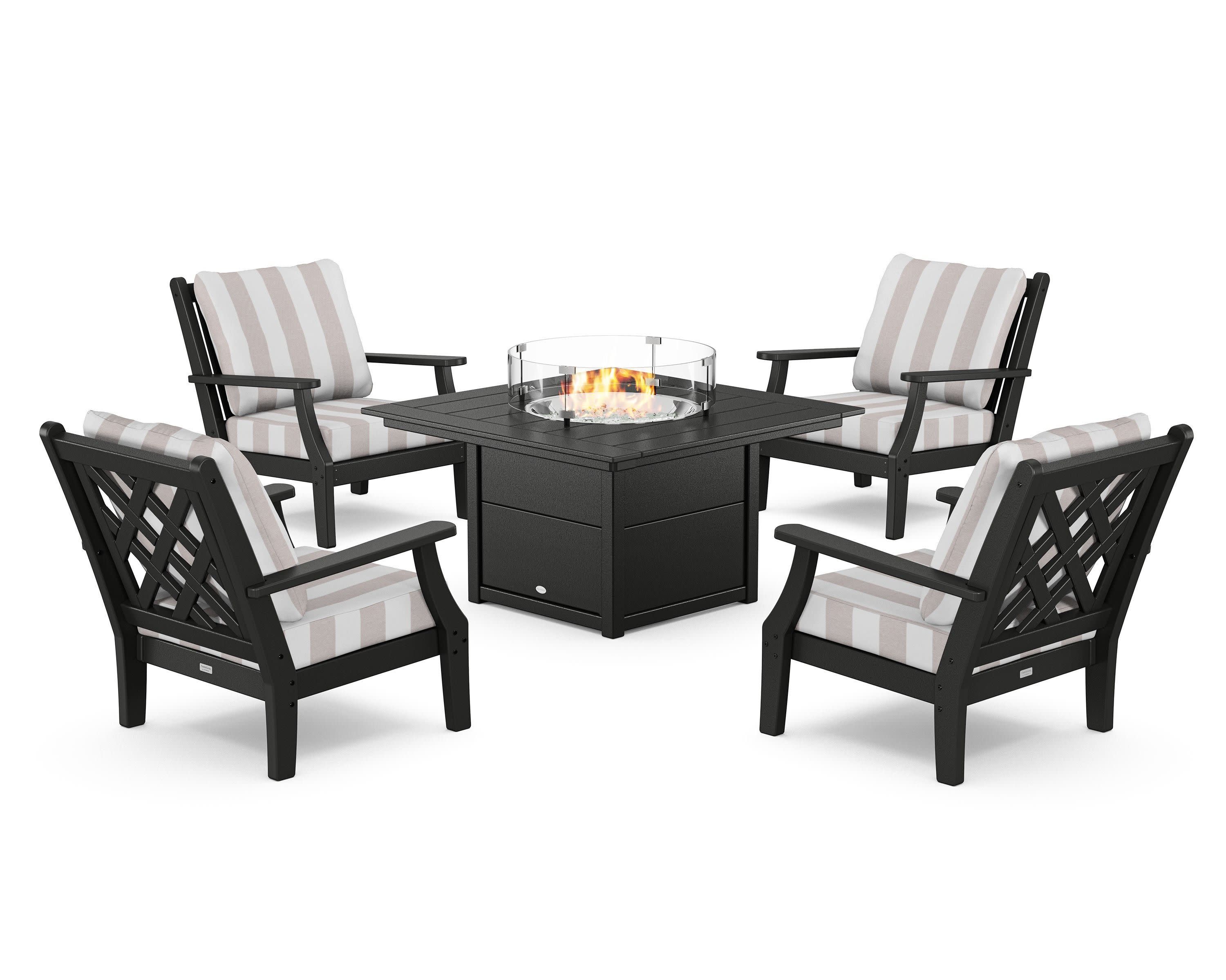 Wovendale 5-Piece Deep Seating Set with Fire Pit Table in Black / Cabana Stripe Dune Burlap