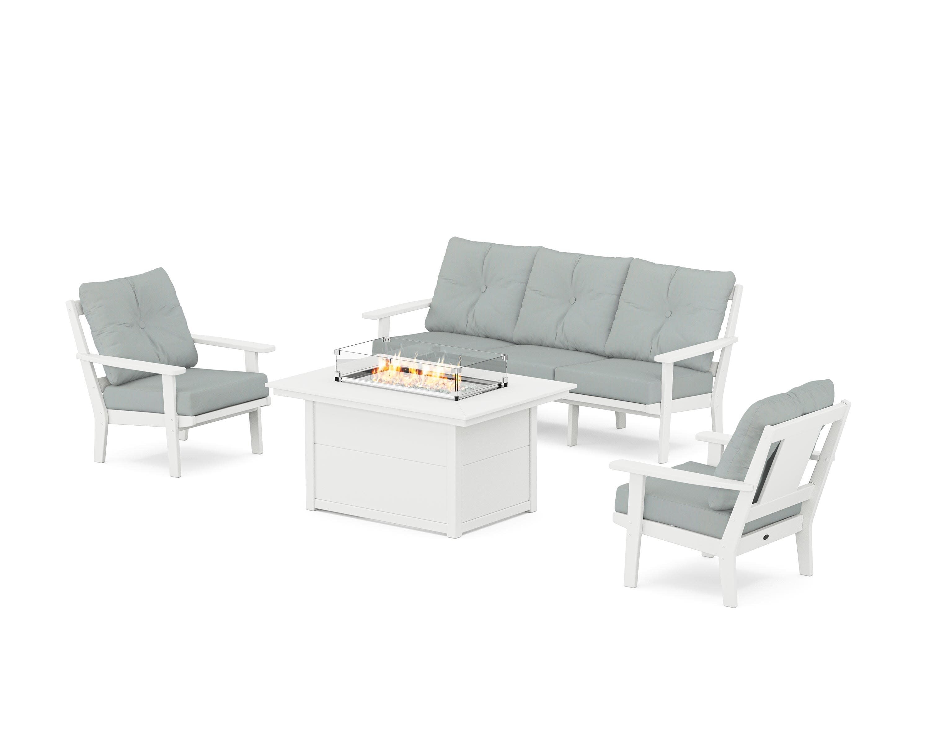 Prairie Deep Seating Fire Pit Table Set in White / Spa