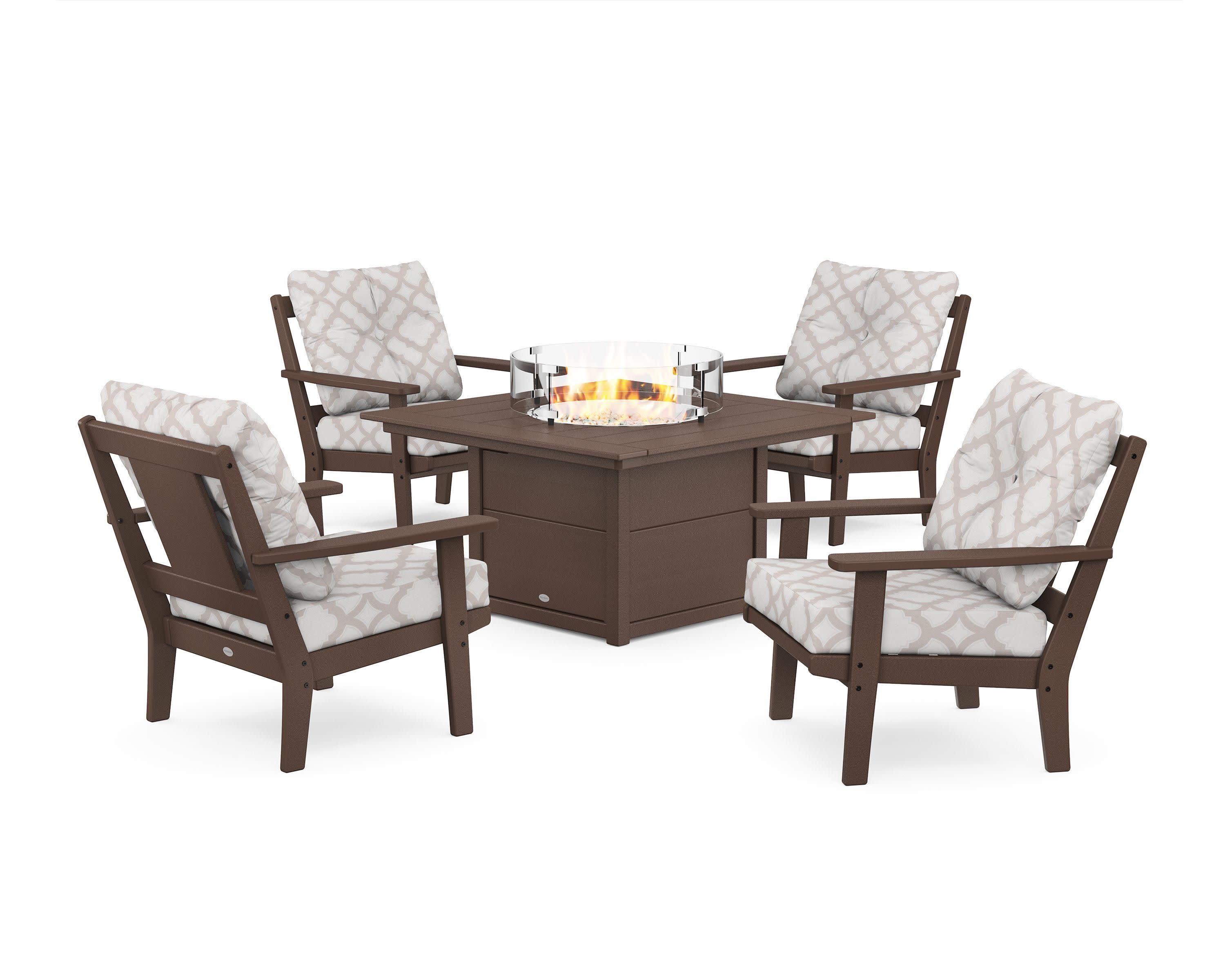 Prairie 5-Piece Deep Seating Set with Fire Pit Table in Mahogany / Trellis Dune Burlap