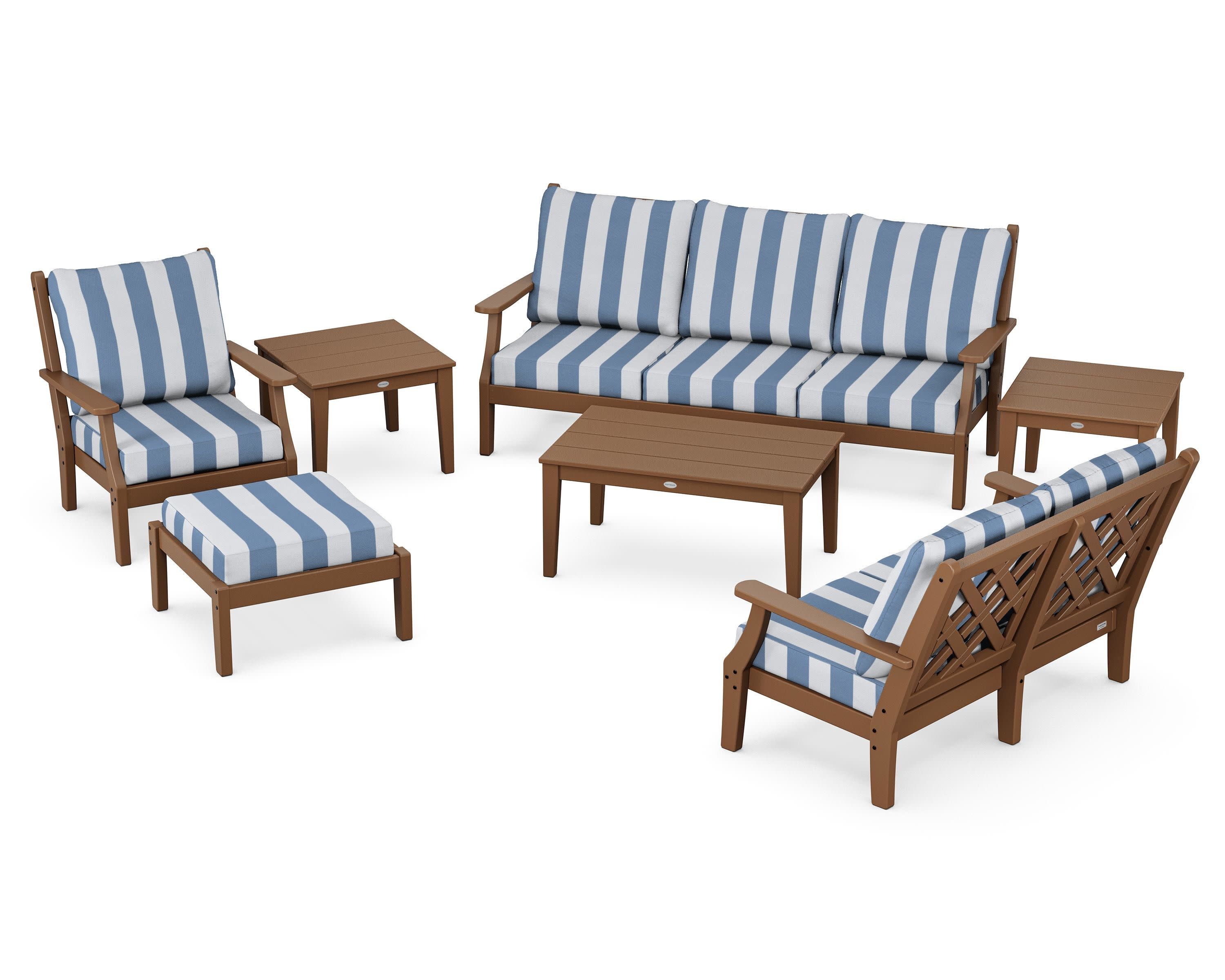 Wovendale 7-Piece Deep Seating Set in Teak / Cabana Stripe Sky Blue