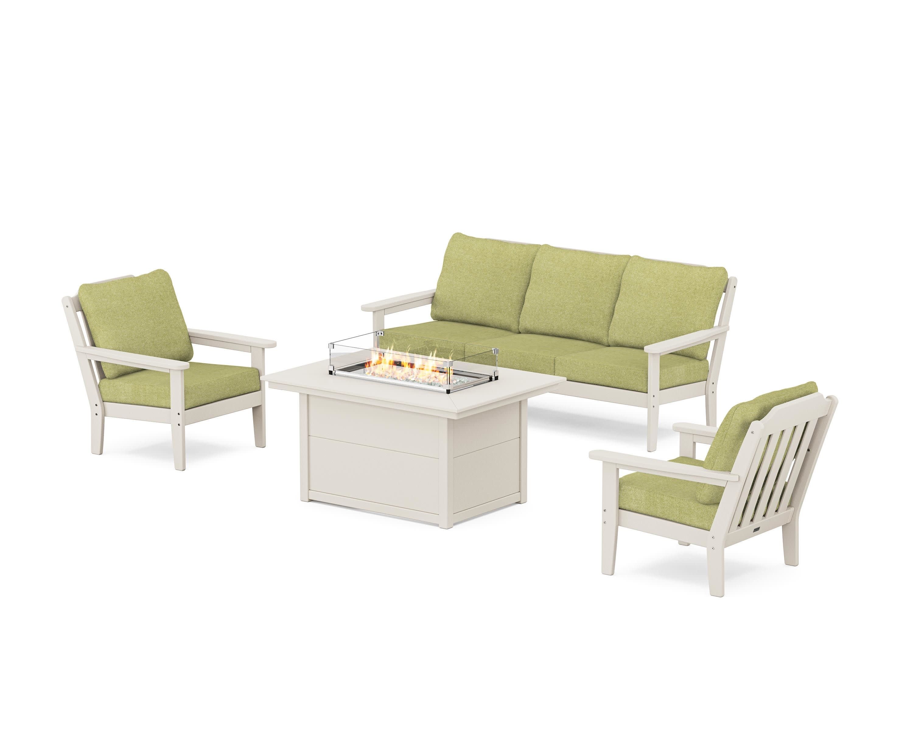 Cottage Deep Seating Fire Pit Table Set in Sand / Chartreuse Boucle