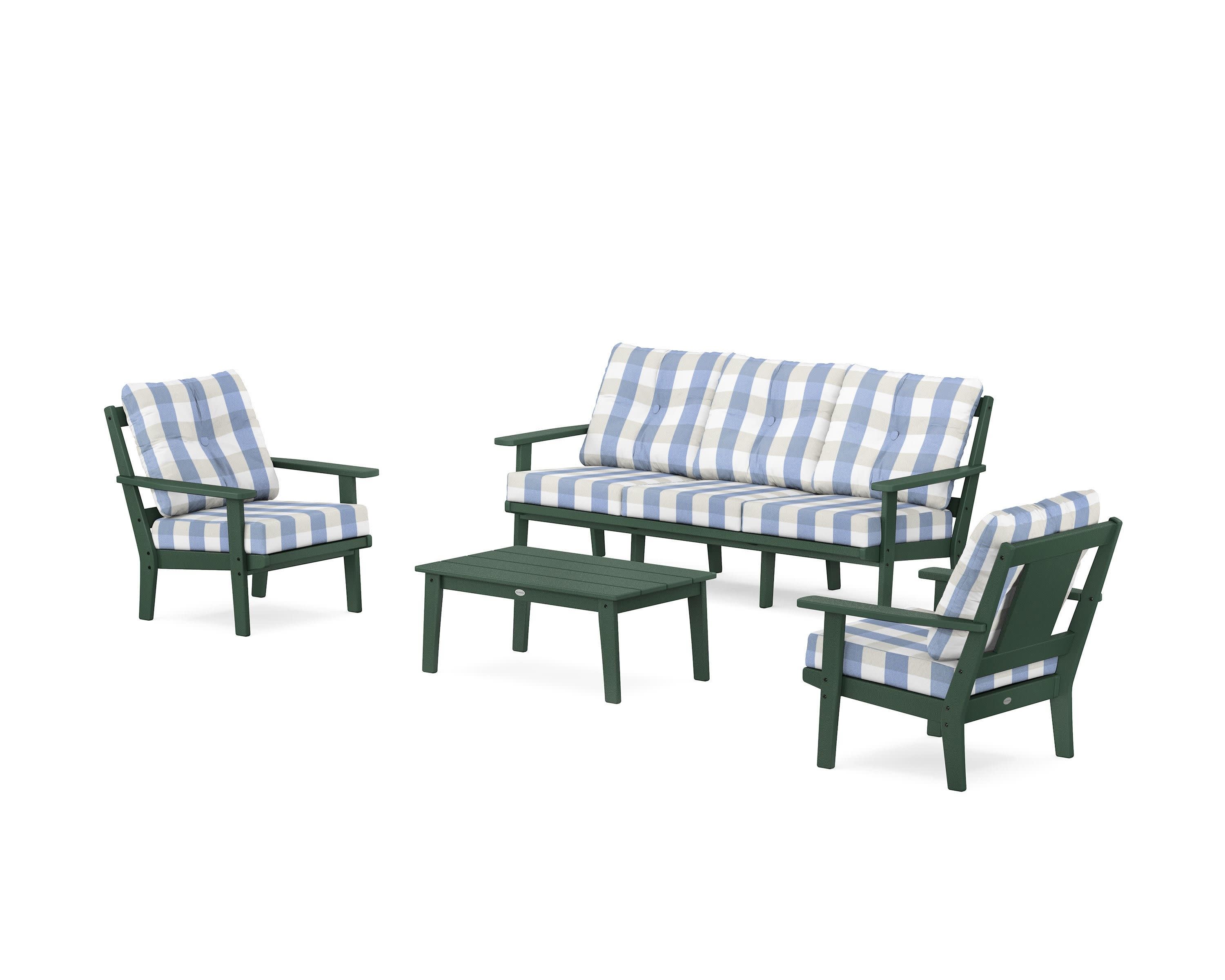 Prairie 4-Piece Deep Seating Set with Sofa in Green / Buffalo Plaid Sky Blue
