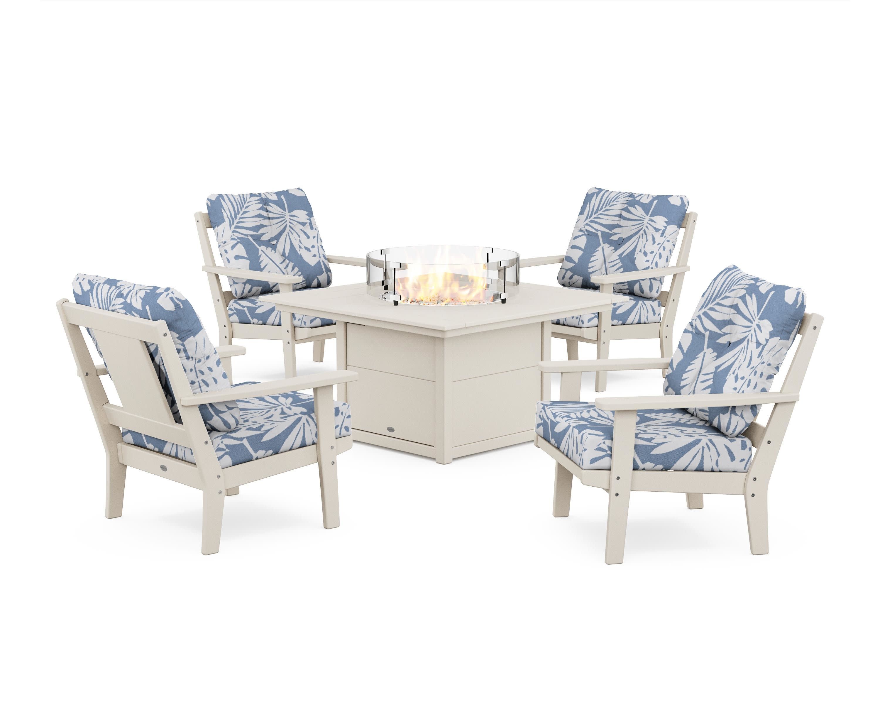 Prairie 5-Piece Deep Seating Set with Fire Pit Table in Sand / Leaf Sky Blue