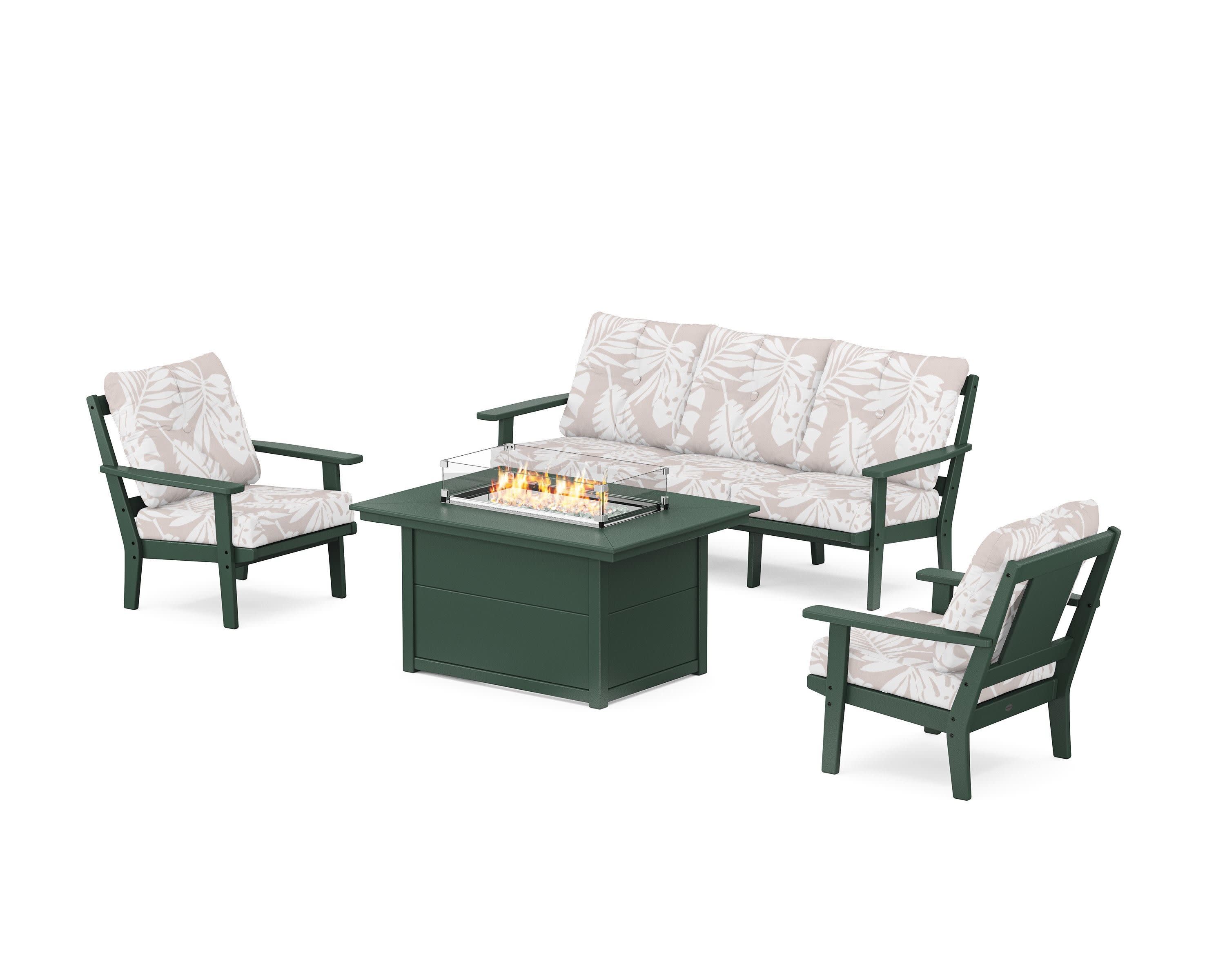 Prairie Deep Seating Fire Pit Table Set in Green / Leaf Dune Burlap