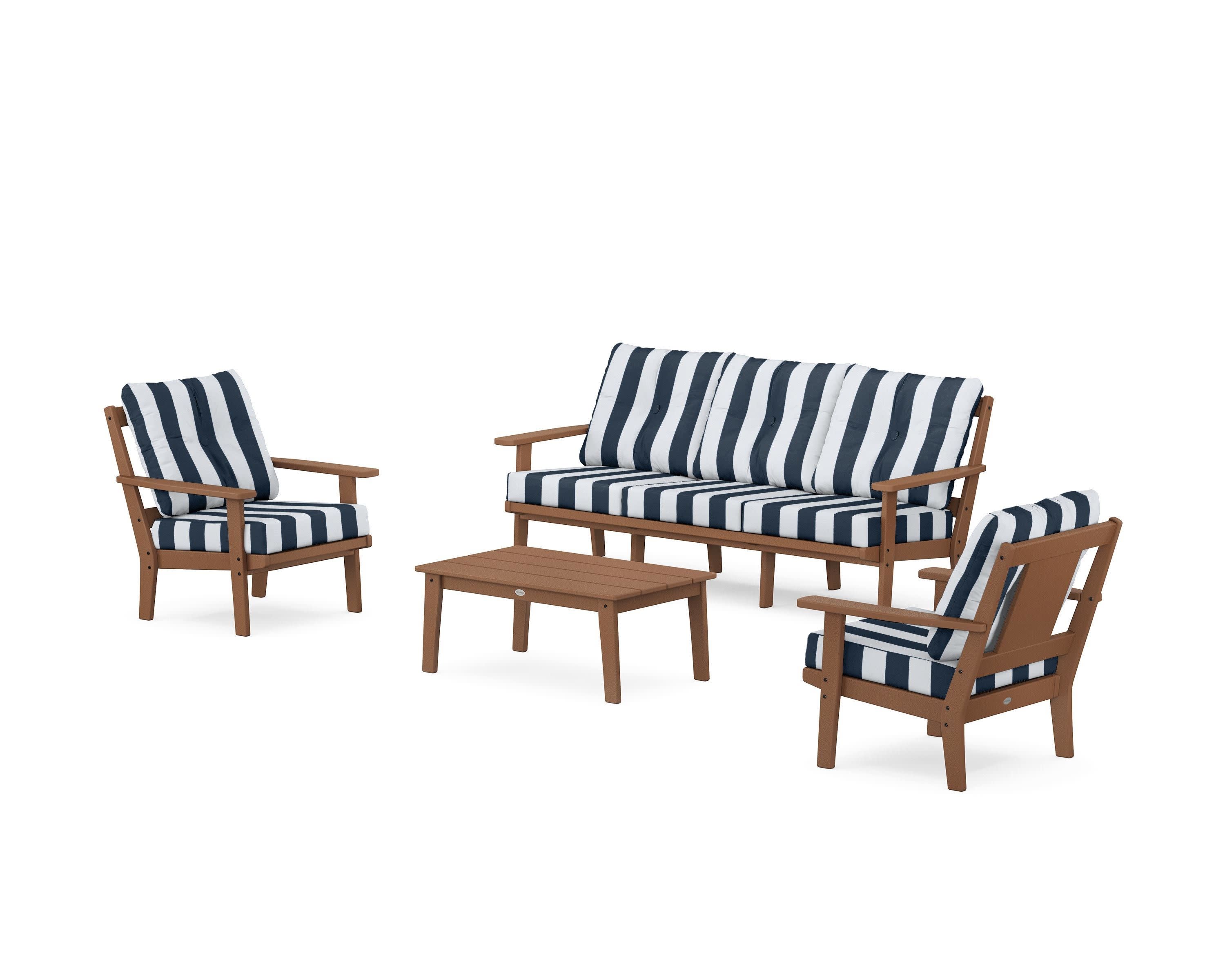 Prairie 4-Piece Deep Seating Set with Sofa in Teak / Cabana Stripe Marine Indigo