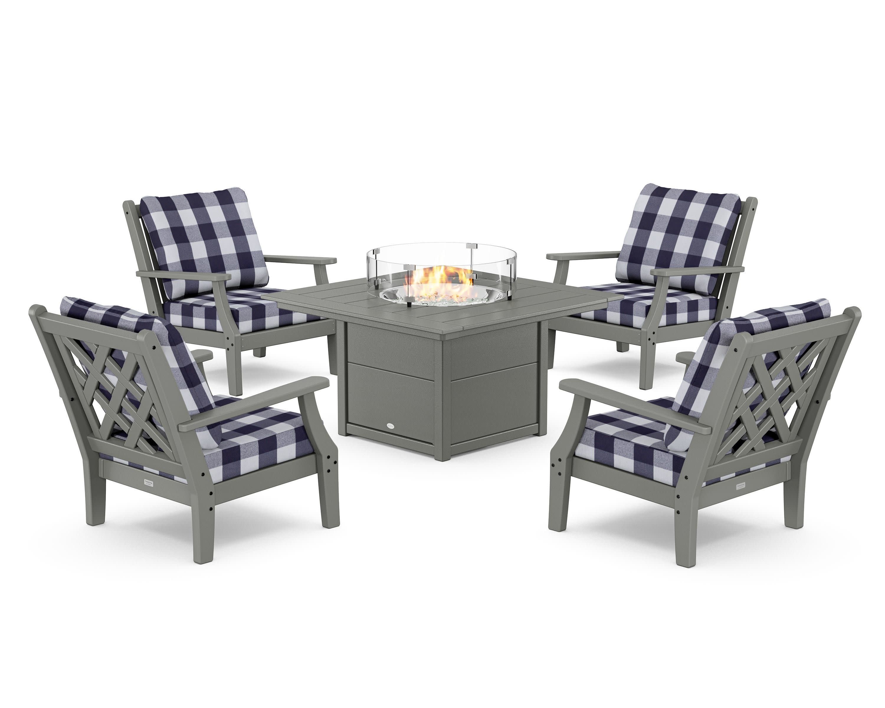 Wovendale 5-Piece Deep Seating Set with Fire Pit Table in Slate Grey / Buffalo Plaid Navy