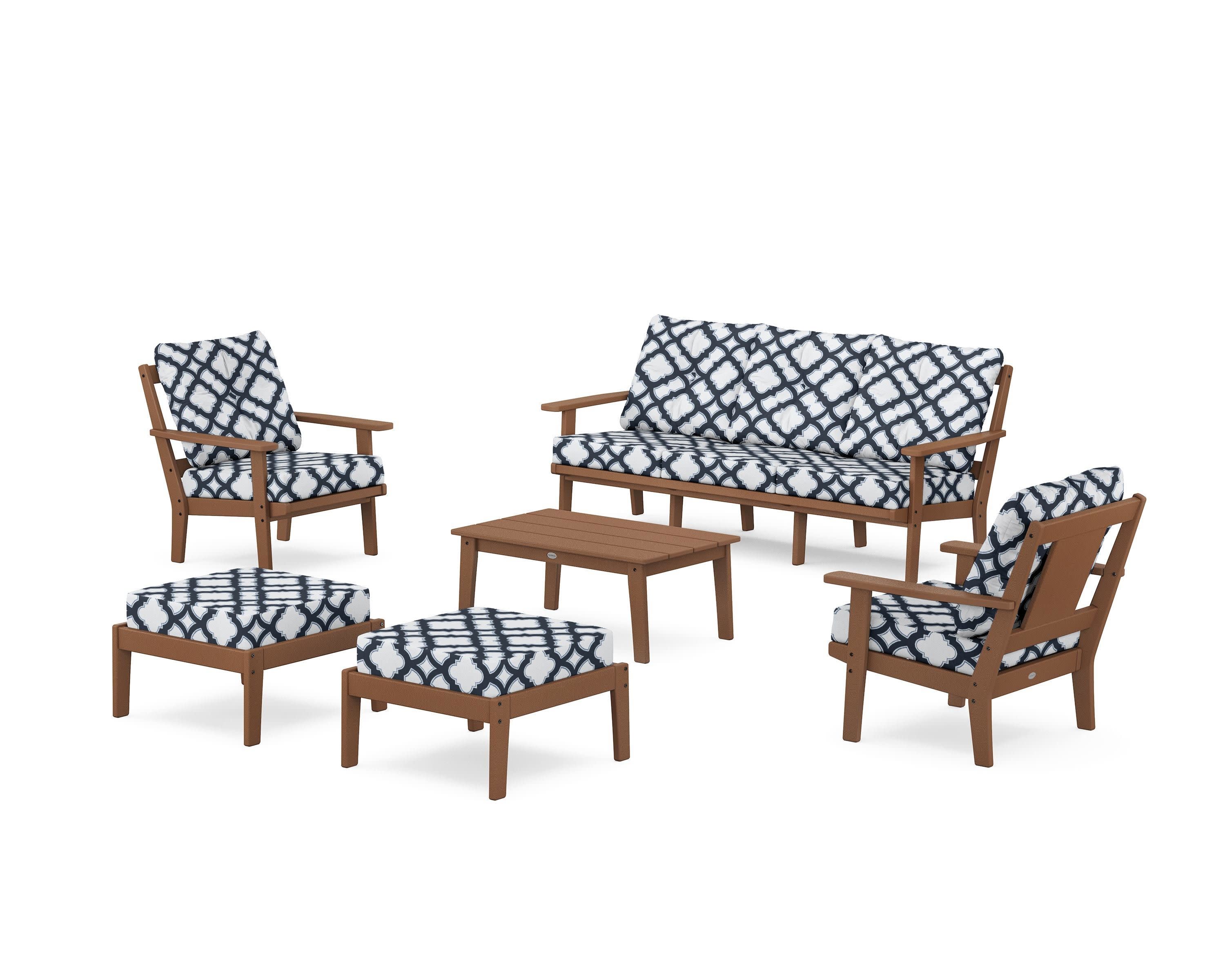 Prairie 6-Piece Lounge Sofa Set in Teak / Trellis Marine Indigo