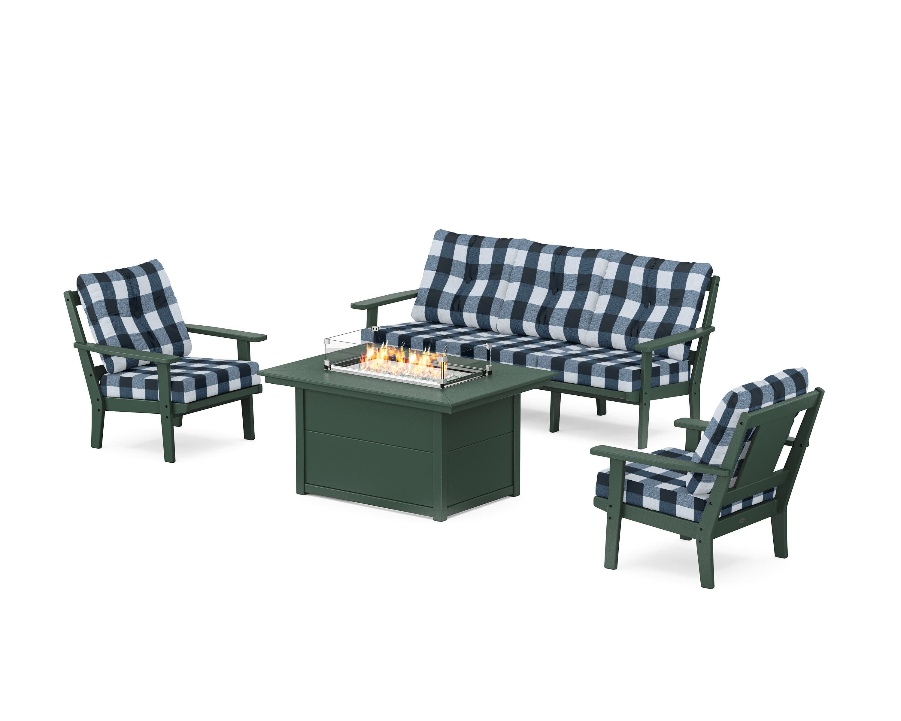 Prairie Deep Seating Fire Pit Table Set in Green / Buffalo Plaid Marine Indigo