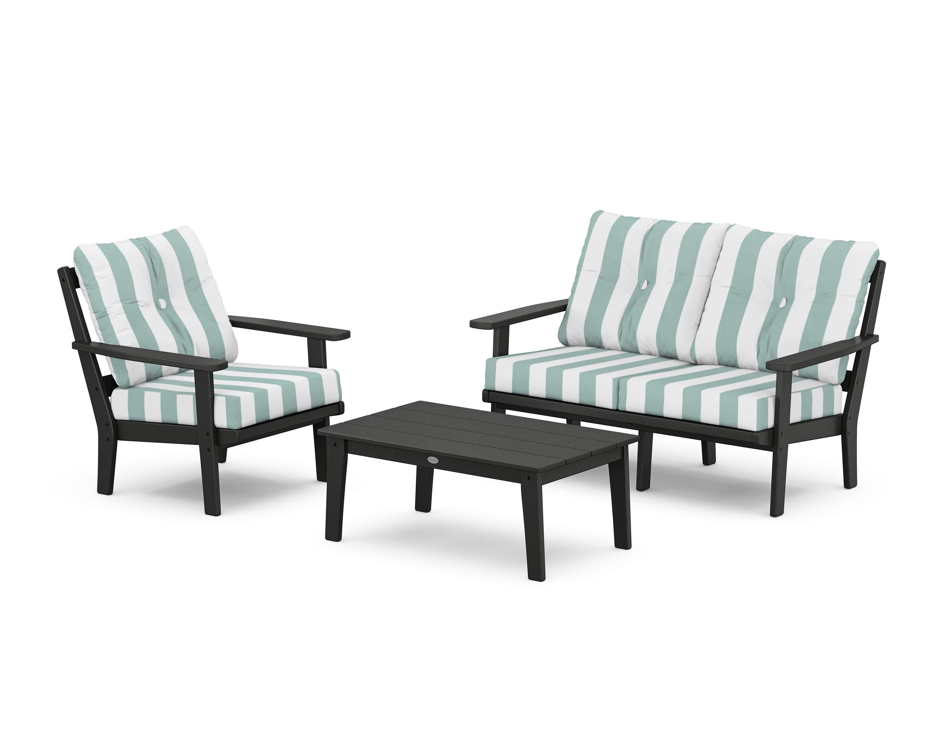 Prairie 3-Piece Deep Seating Set with Loveseat in Black / Cabana Stripe Glacier Spa
