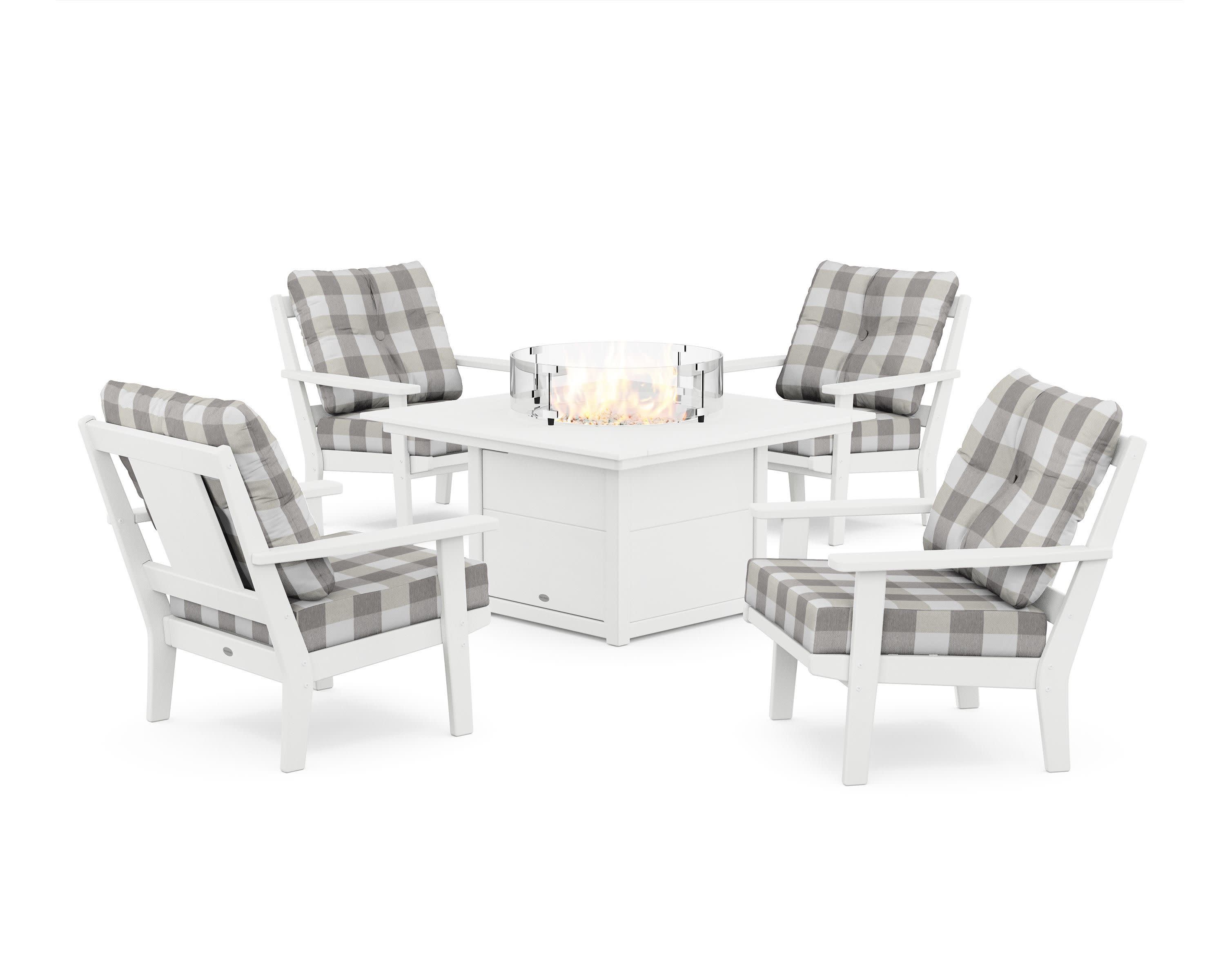 Prairie 5-Piece Deep Seating Set with Fire Pit Table in White / Buffalo Plaid Grey Mist