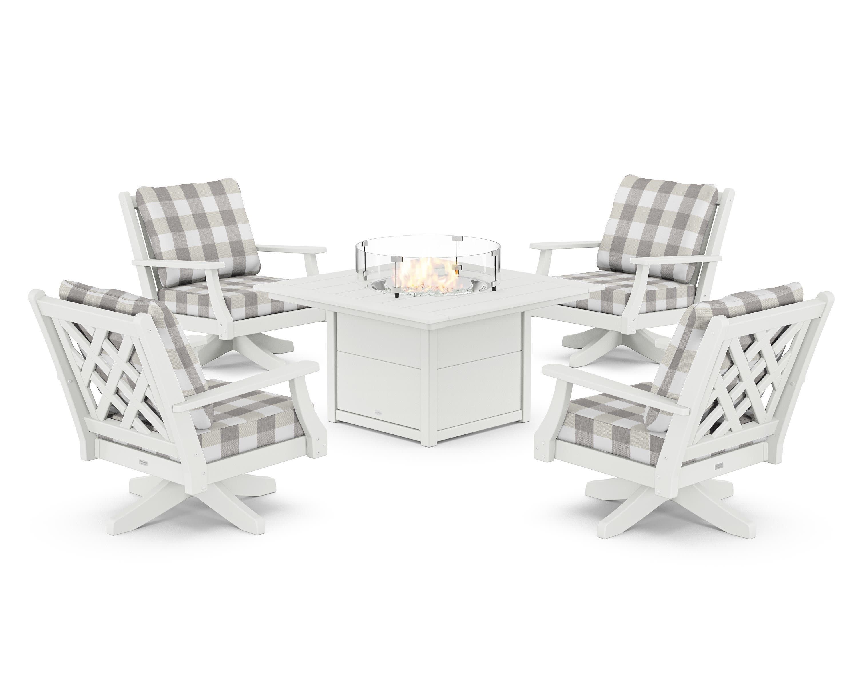 Wovendale 5-Piece Deep Seating Swivel Conversation Set with Fire Pit Table in White / Buffalo Plaid Grey Mist
