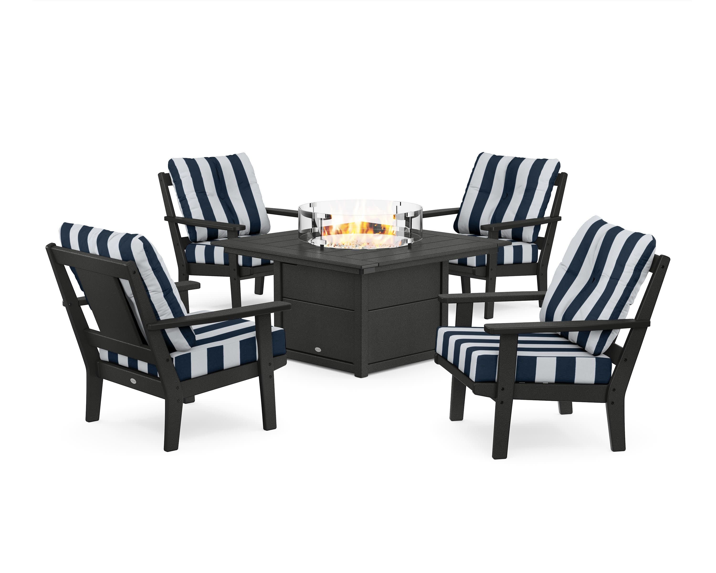 Prairie 5-Piece Deep Seating Set with Fire Pit Table in Black / Cabana Stripe Marine Indigo