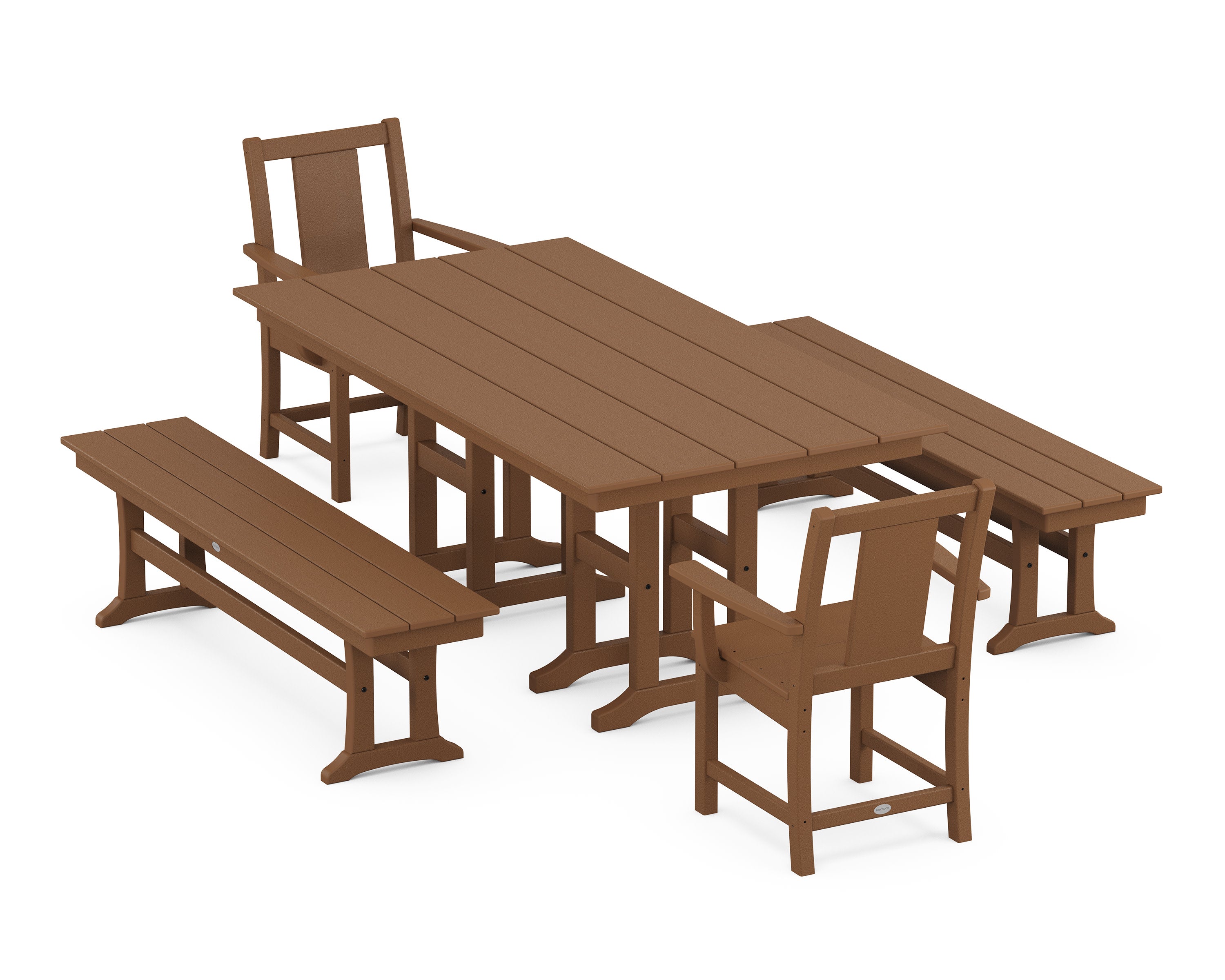 Prairie 5-Piece Farmhouse Dining Set with Benches in Teak