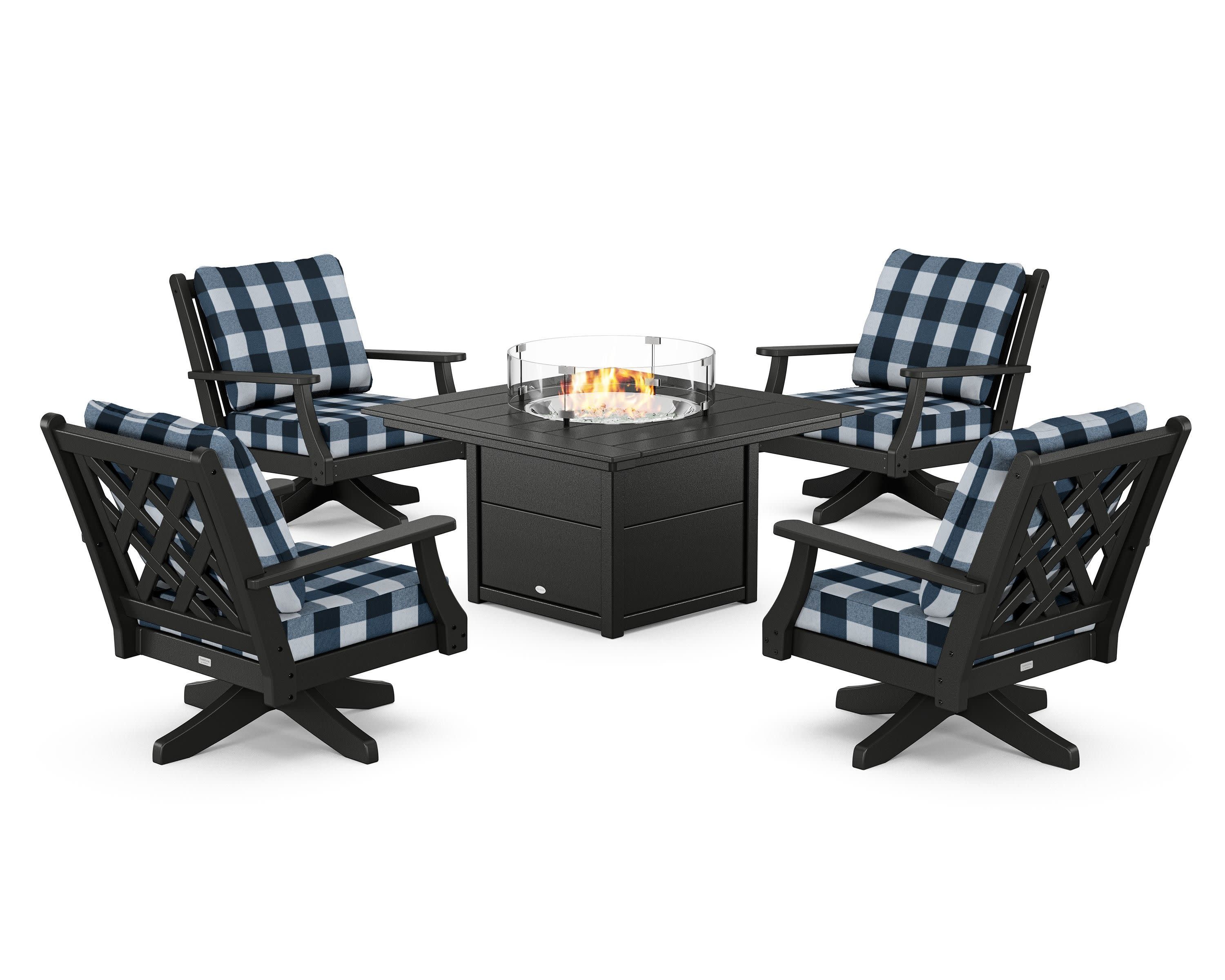 Wovendale 5-Piece Deep Seating Swivel Conversation Set with Fire Pit Table in Black / Buffalo Plaid Marine Indigo