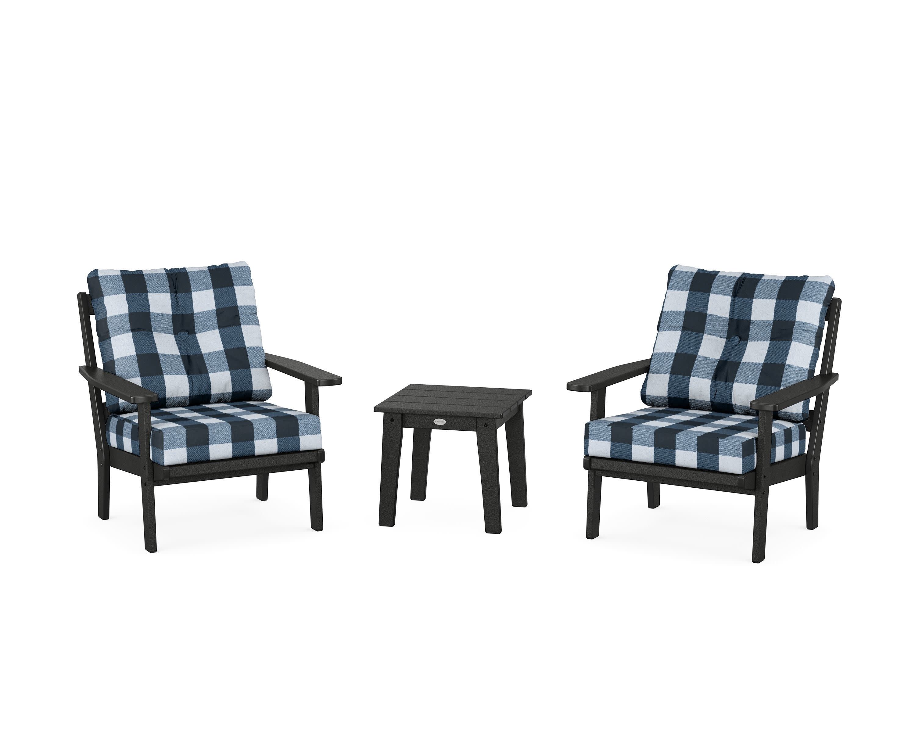 Prairie 3-Piece Deep Seating Set in Black / Buffalo Plaid Marine Indigo