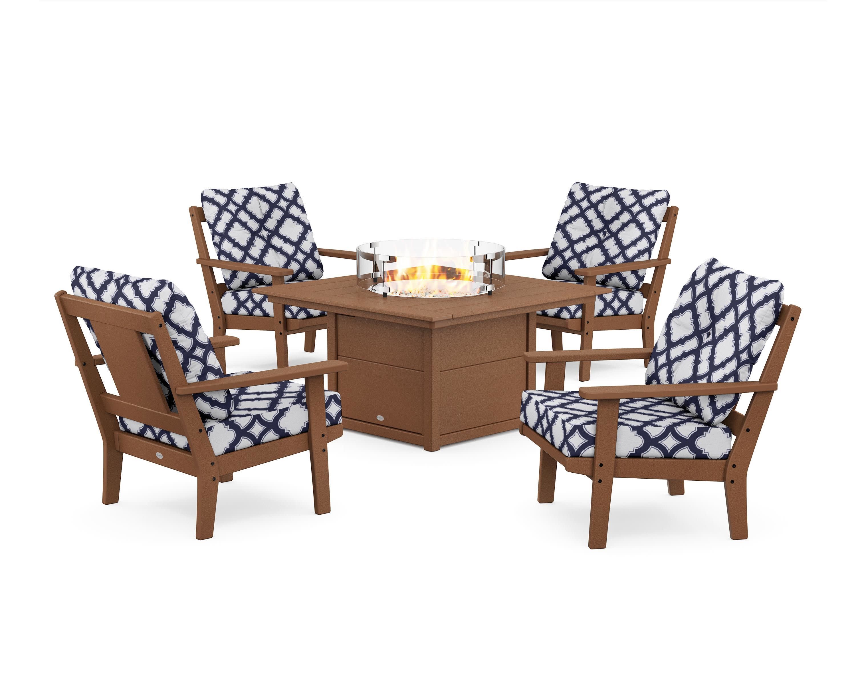 Prairie 5-Piece Deep Seating Set with Fire Pit Table in Teak / Trellis Navy