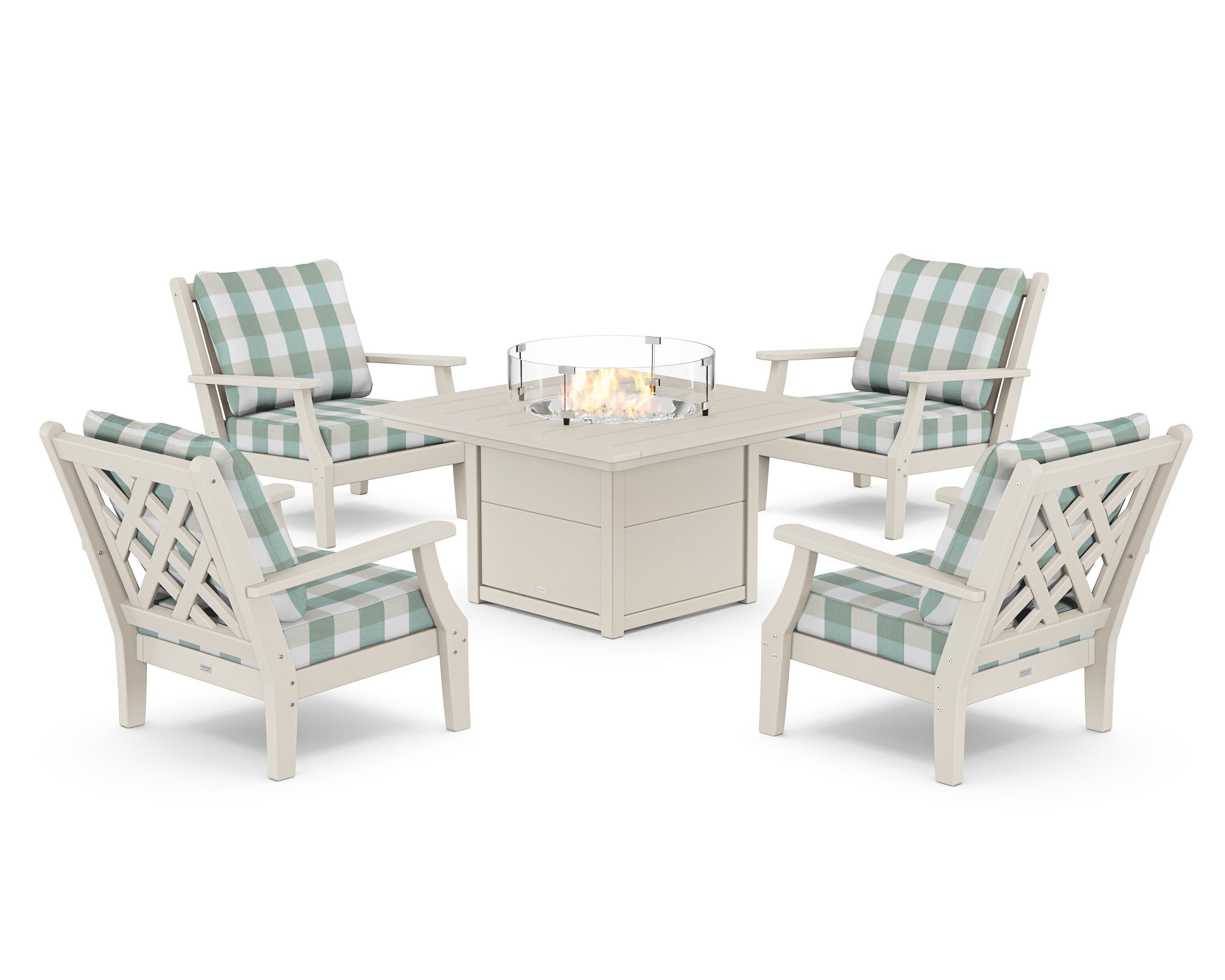 Wovendale 5-Piece Deep Seating Set with Fire Pit Table in Sand / Buffalo Plaid Glacier Spa