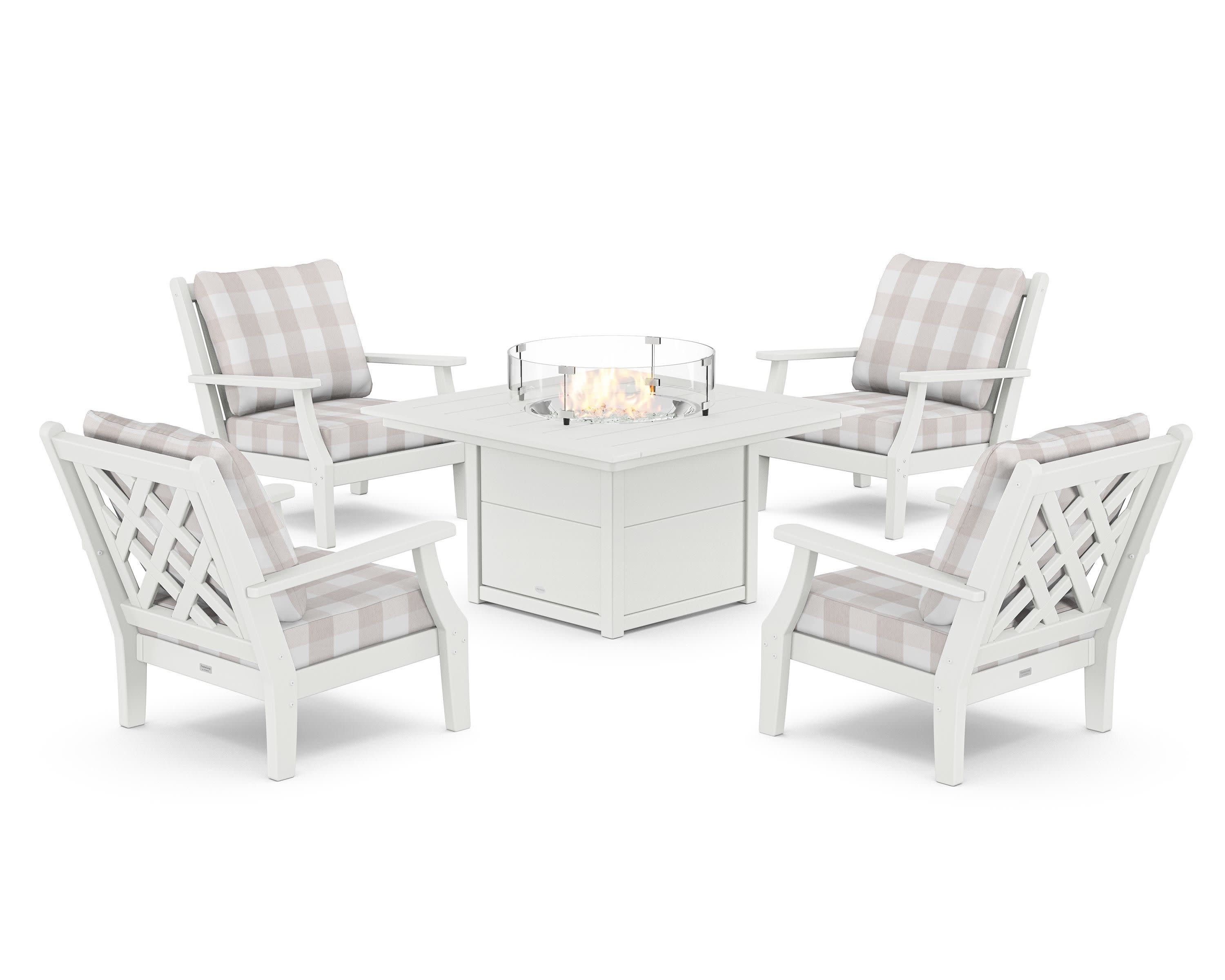 Wovendale 5-Piece Deep Seating Set with Fire Pit Table in White / Buffalo Plaid Dune Burlap