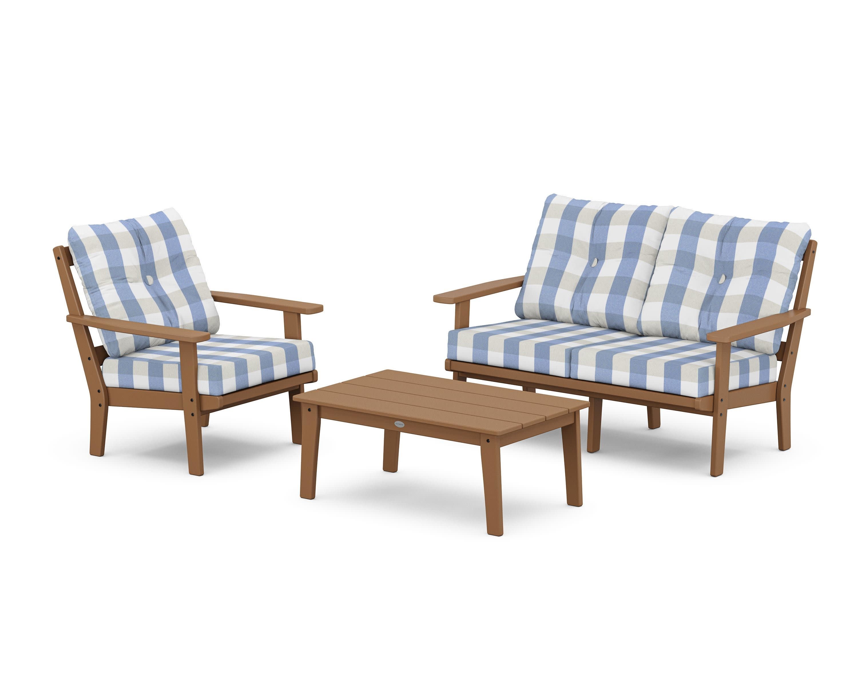 Prairie 3-Piece Deep Seating Set with Loveseat in Teak / Buffalo Plaid Sky Blue