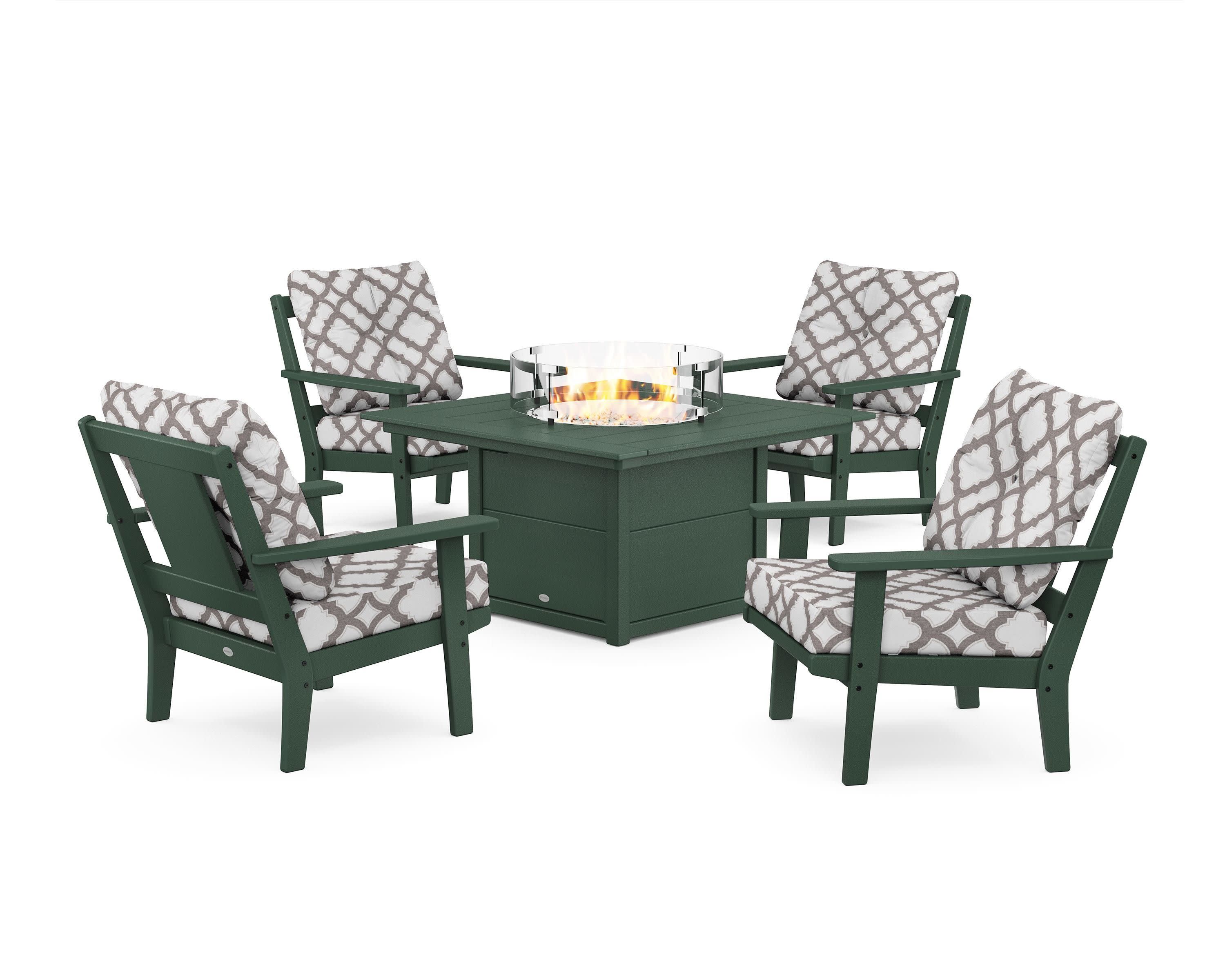 Prairie 5-Piece Deep Seating Set with Fire Pit Table in Green / Trellis Grey Mist