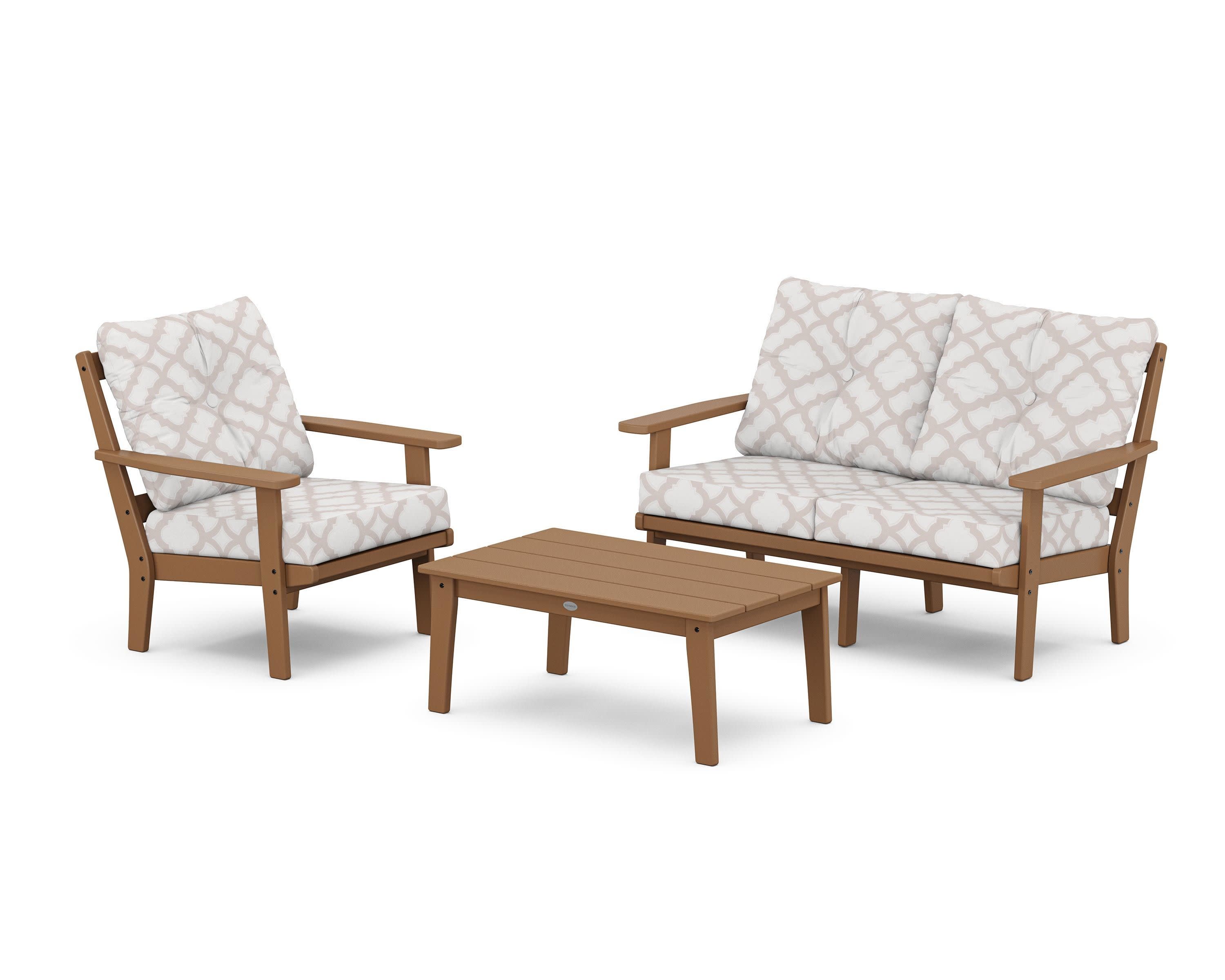 Prairie 3-Piece Deep Seating Set with Loveseat in Teak / Trellis Dune Burlap