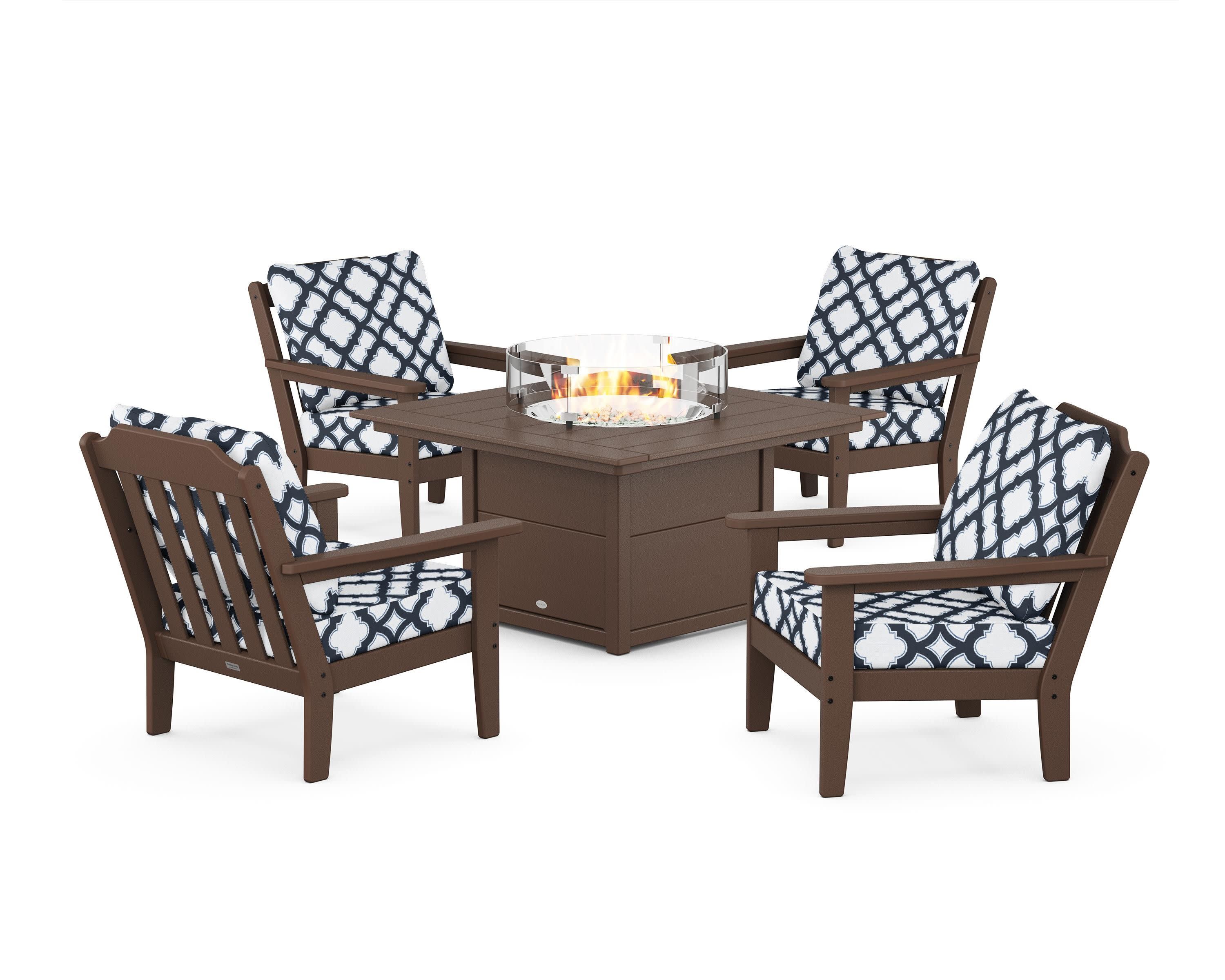 Cottage 5-Piece Deep Seating Set with Fire Pit Table in Mahogany / Trellis Marine Indigo