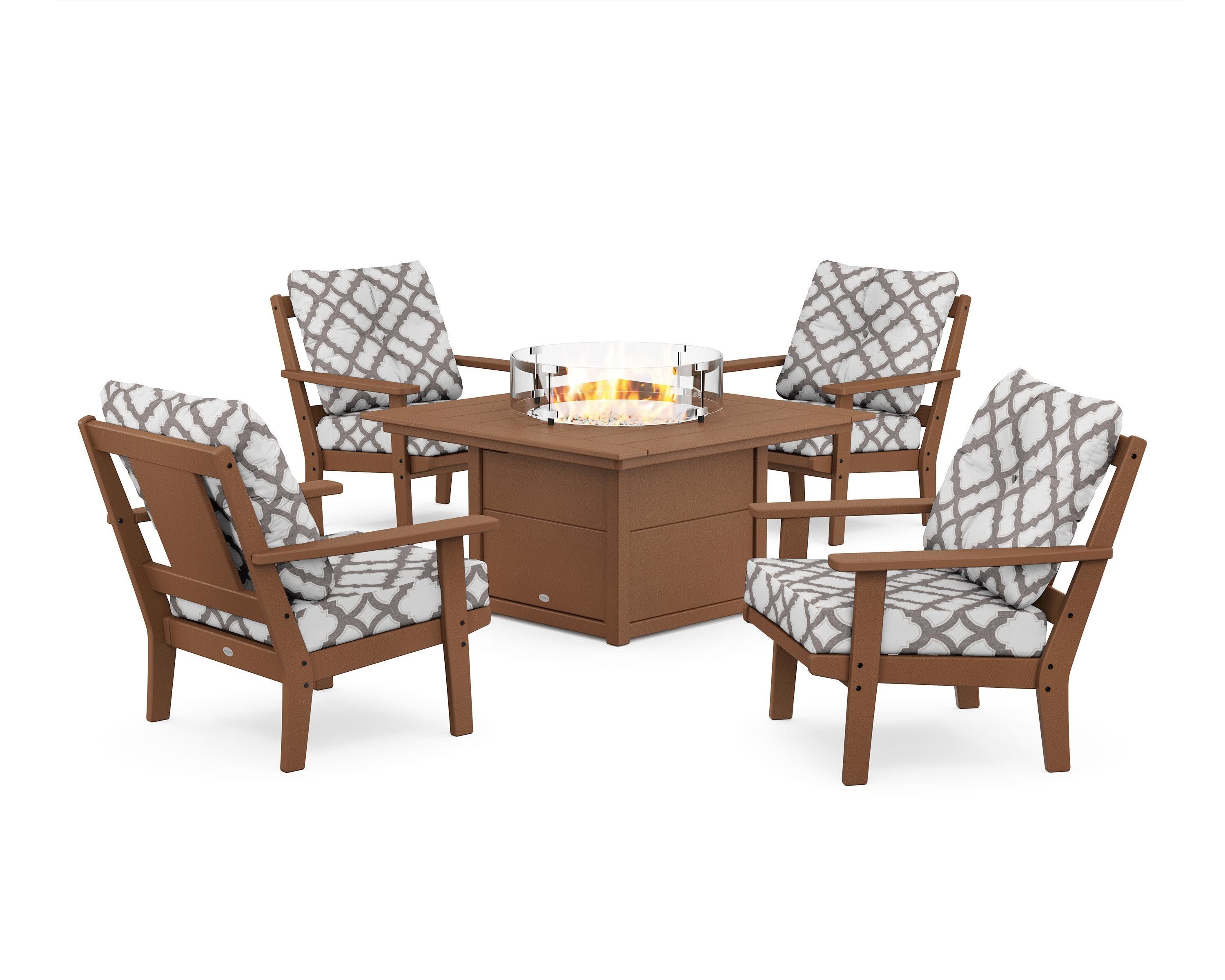 Prairie 5-Piece Deep Seating Set with Fire Pit Table in Teak / Trellis Grey Mist