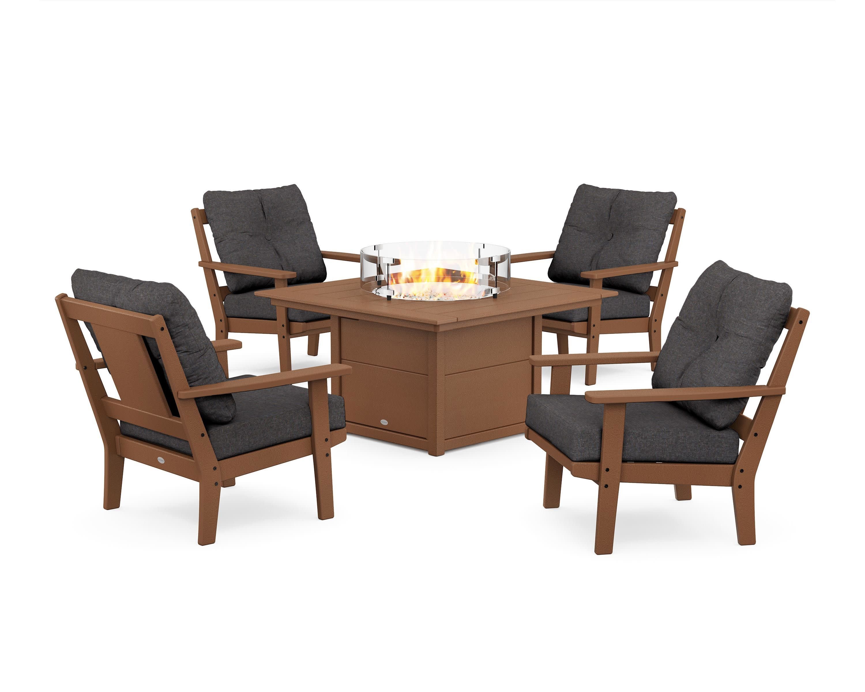 Prairie 5-Piece Deep Seating Set with Fire Pit Table in Teak / Ash Charcoal