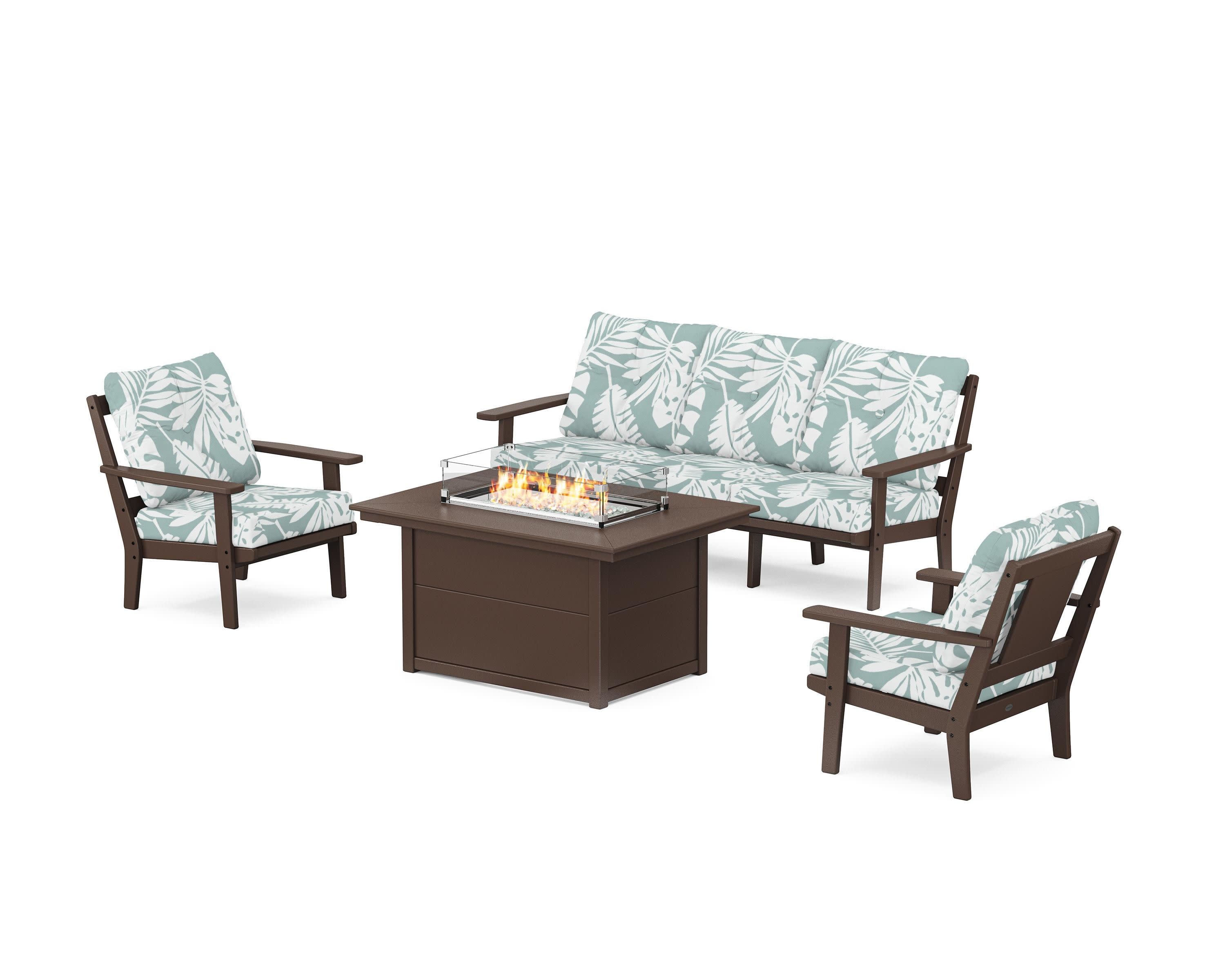 Prairie Deep Seating Fire Pit Table Set in Mahogany / Leaf Glacier Spa