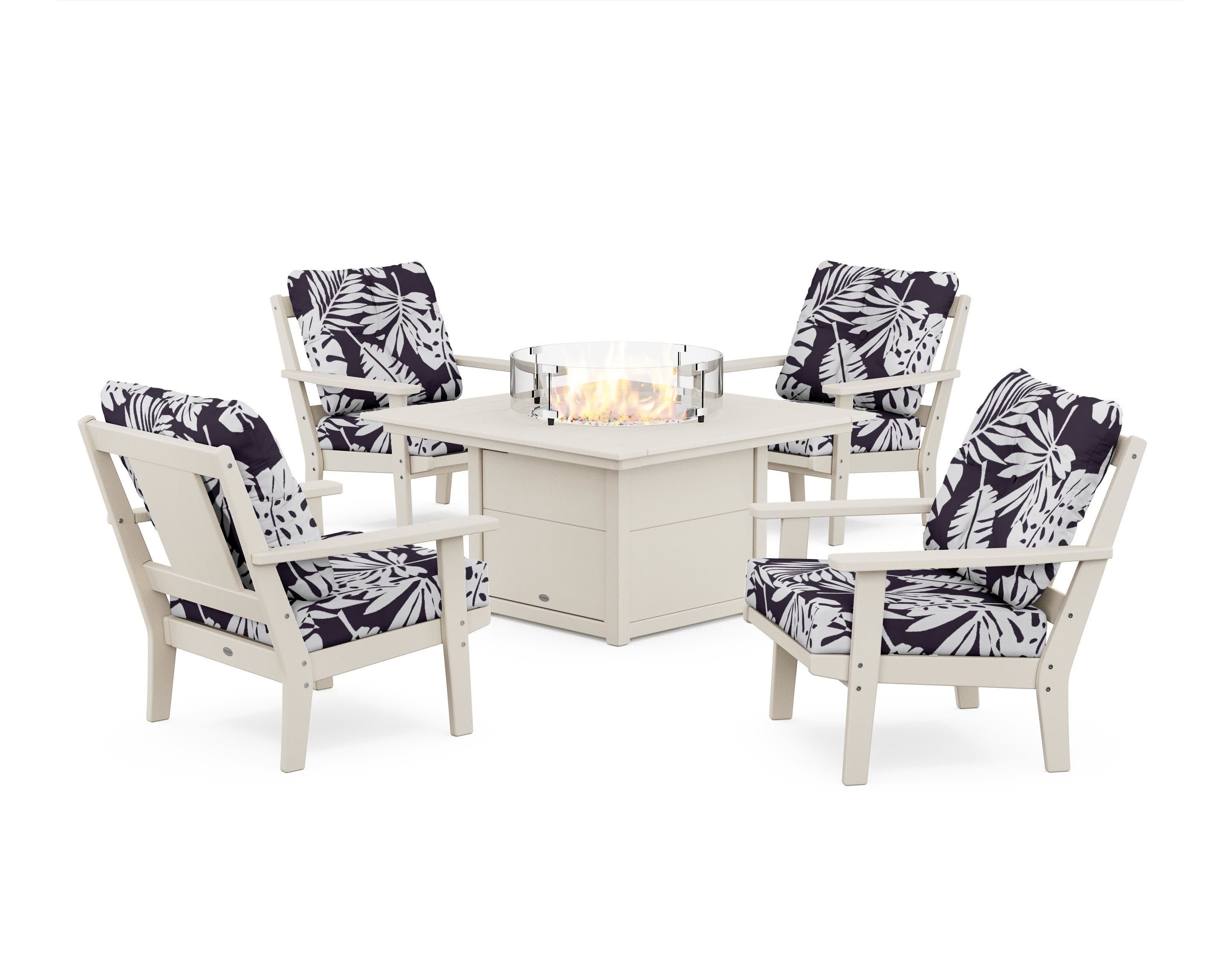 Prairie 5-Piece Deep Seating Set with Fire Pit Table in Sand / Leaf Navy
