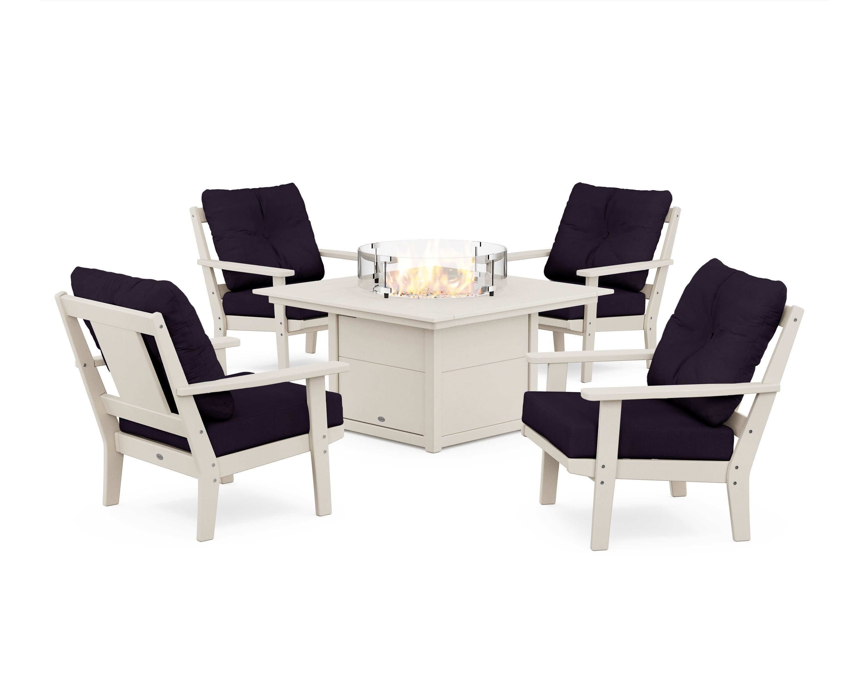 Prairie 5-Piece Deep Seating Set with Fire Pit Table in Sand / Navy Linen