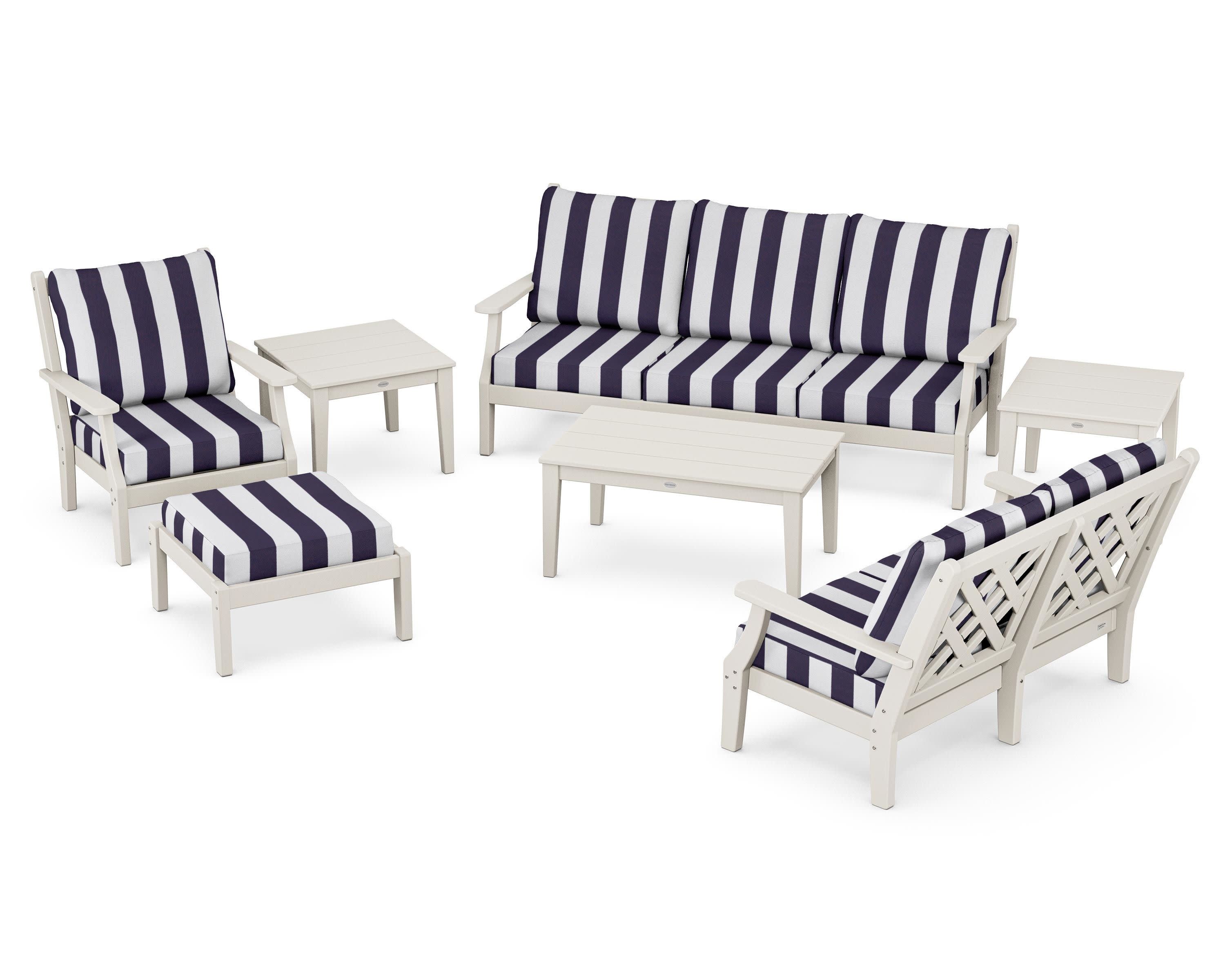 Wovendale 7-Piece Deep Seating Set in Sand / Cabana Stripe Navy