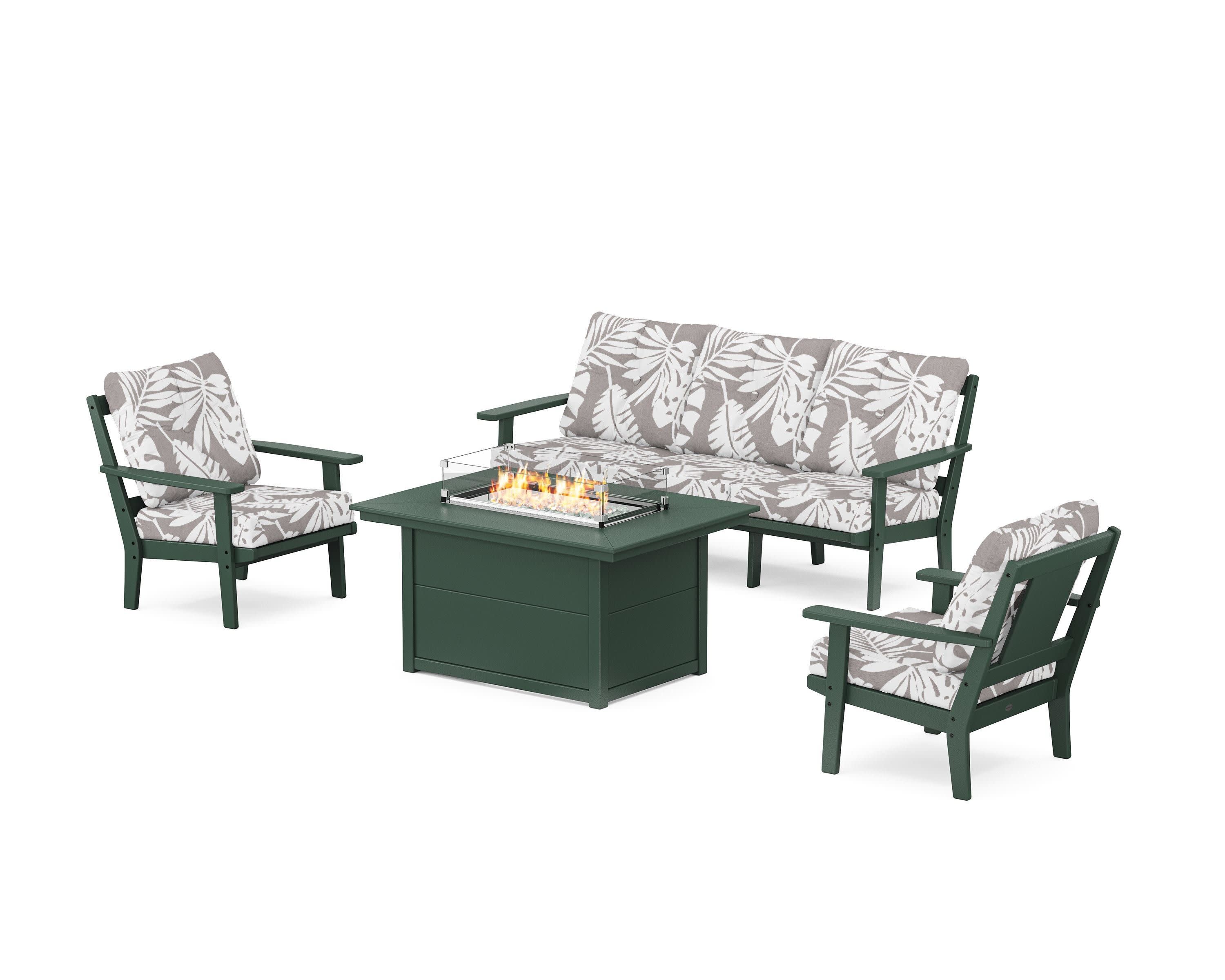 Prairie Deep Seating Fire Pit Table Set in Green / Leaf Grey Mist
