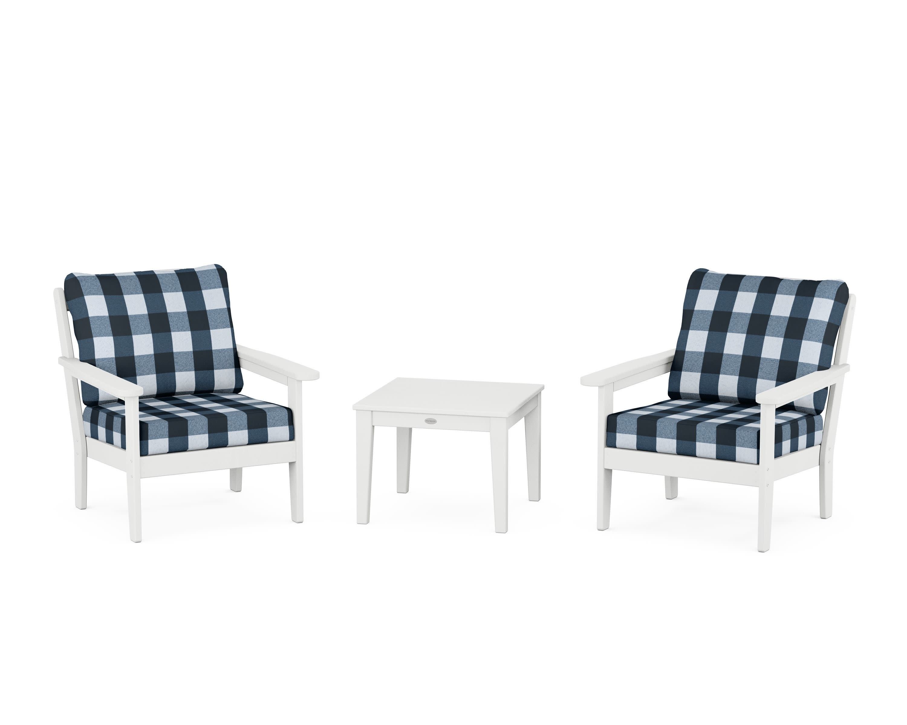 Cottage 3-Piece Deep Seating Set in White / Buffalo Plaid Marine Indigo