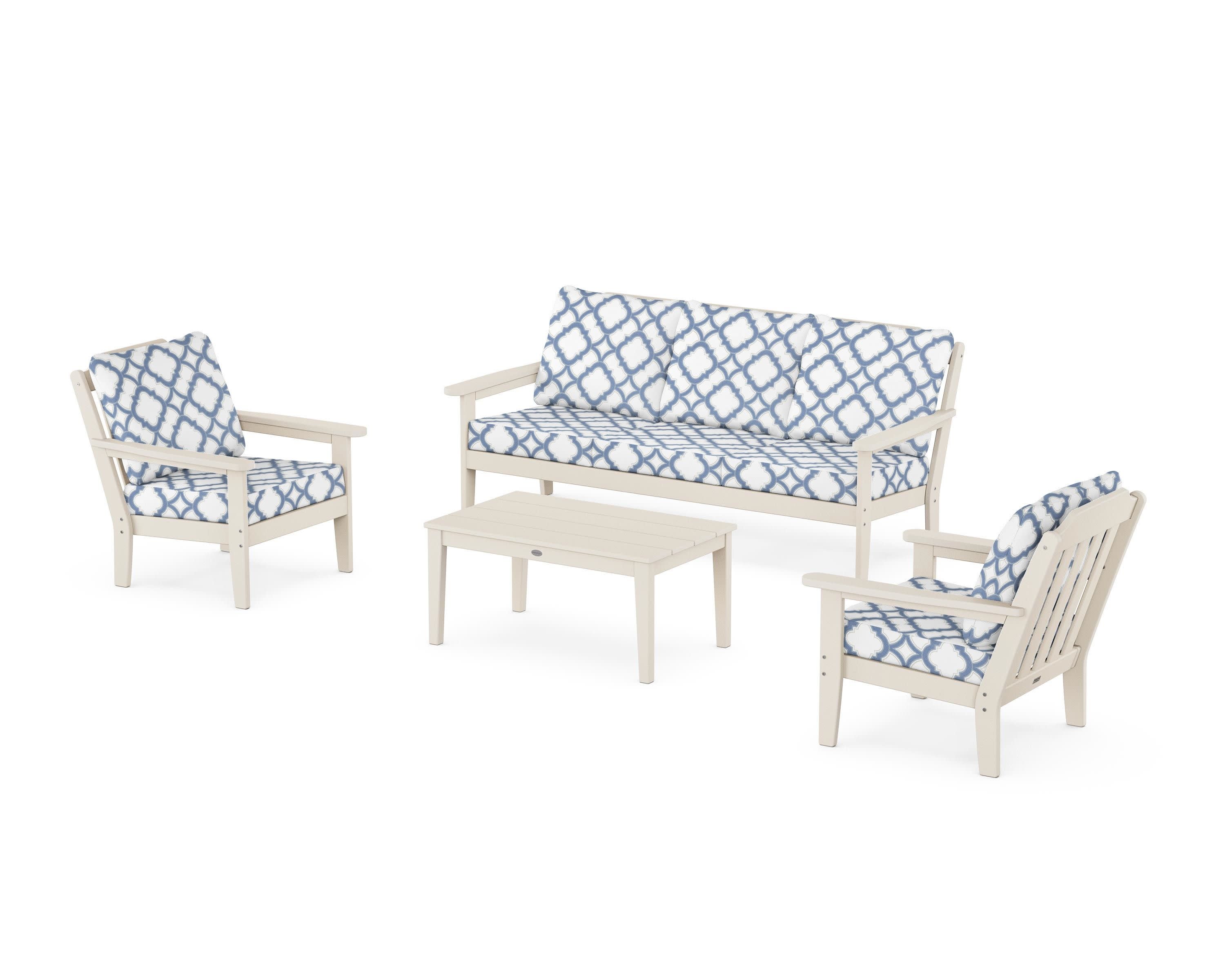 Cottage 4-Piece Deep Seating Set with Sofa in Sand / Trellis Sky Blue