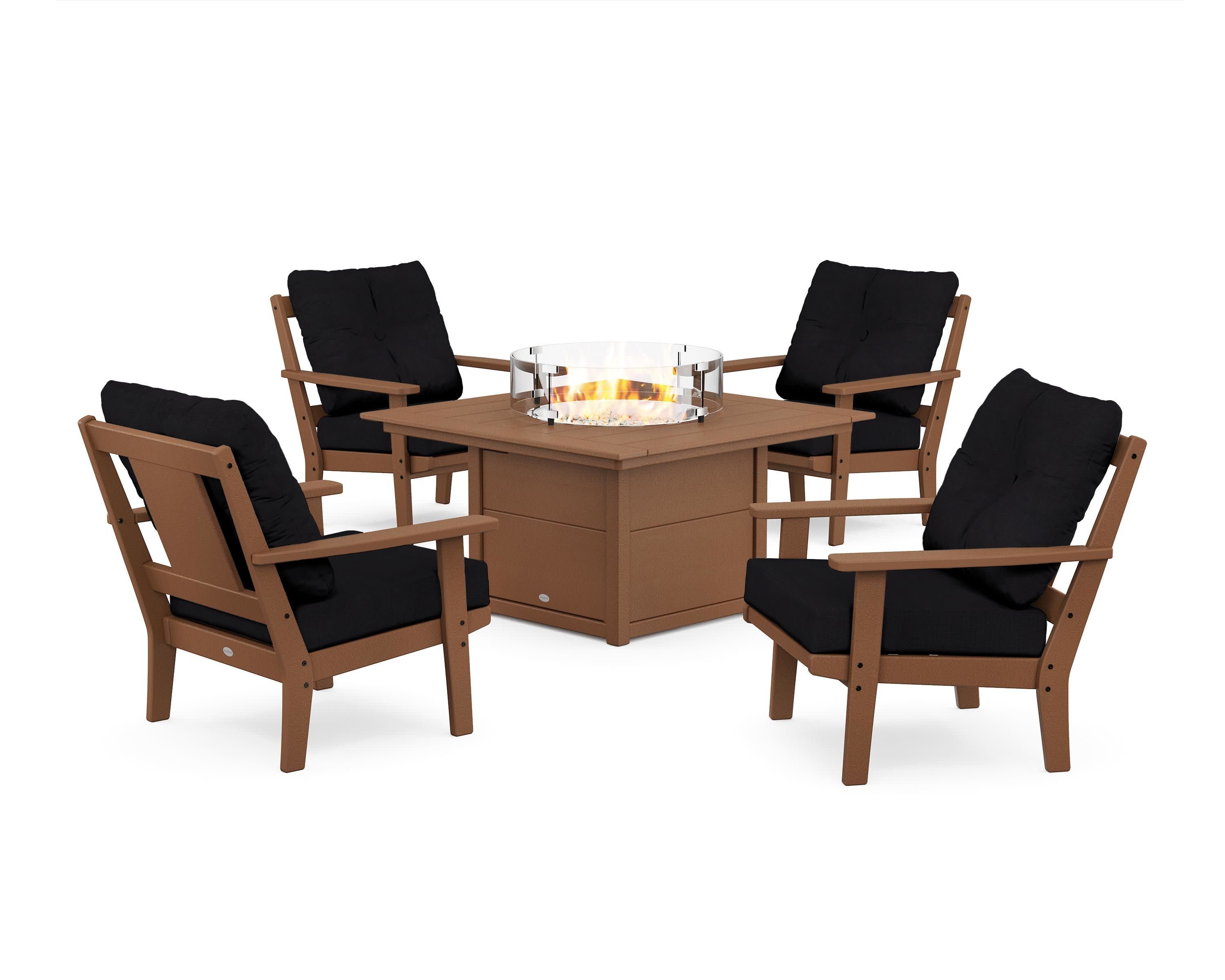 Prairie 5-Piece Deep Seating Set with Fire Pit Table in Teak / Midnight Linen