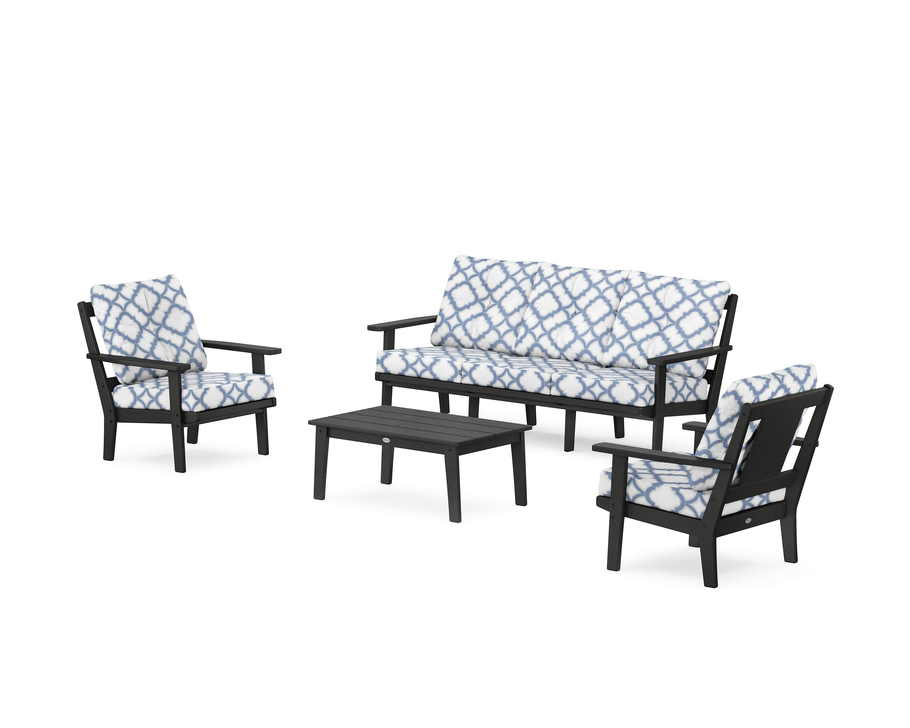 Prairie 4-Piece Deep Seating Set with Sofa in Black / Trellis Sky Blue