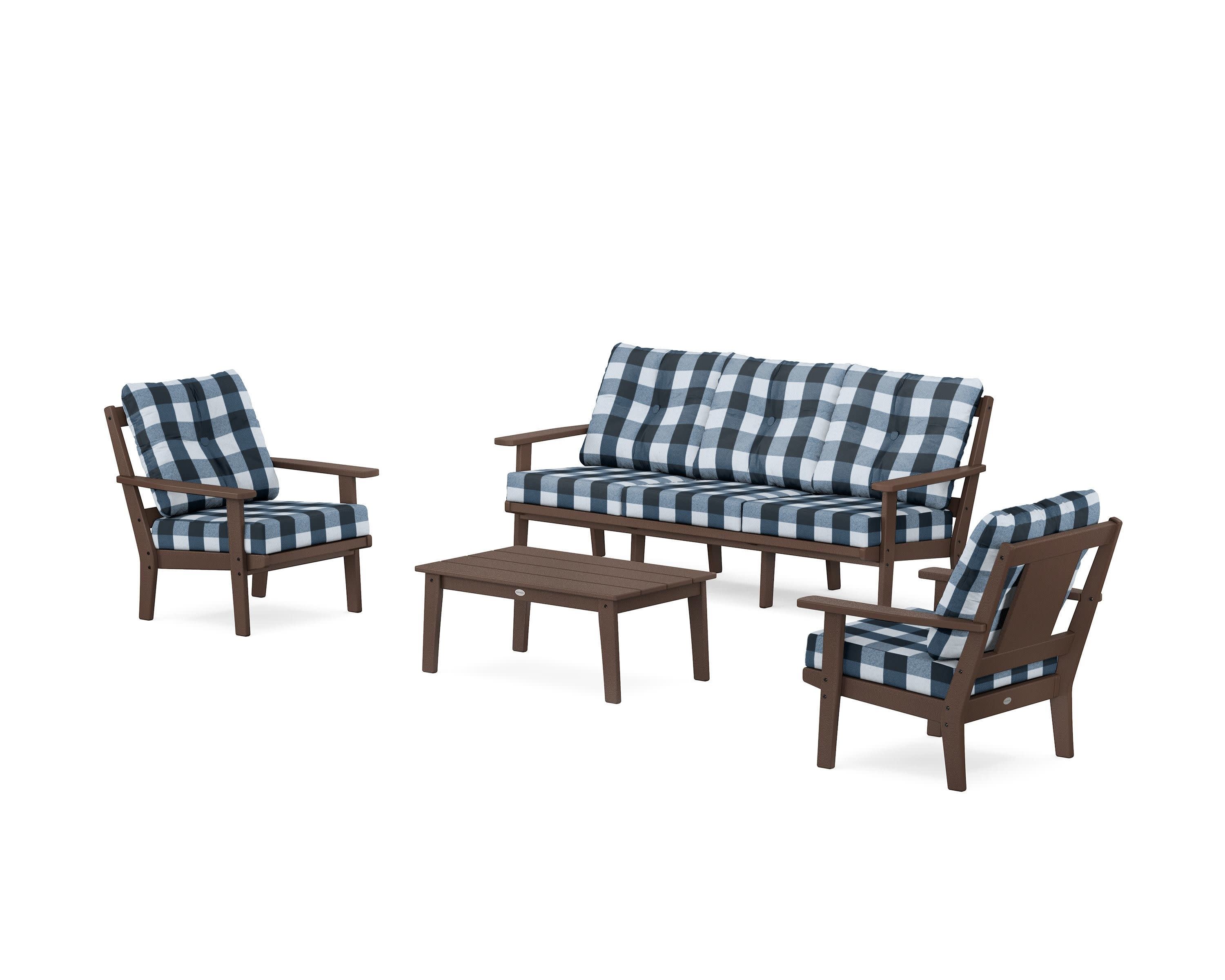 Prairie 4-Piece Deep Seating Set with Sofa in Mahogany / Buffalo Plaid Marine Indigo