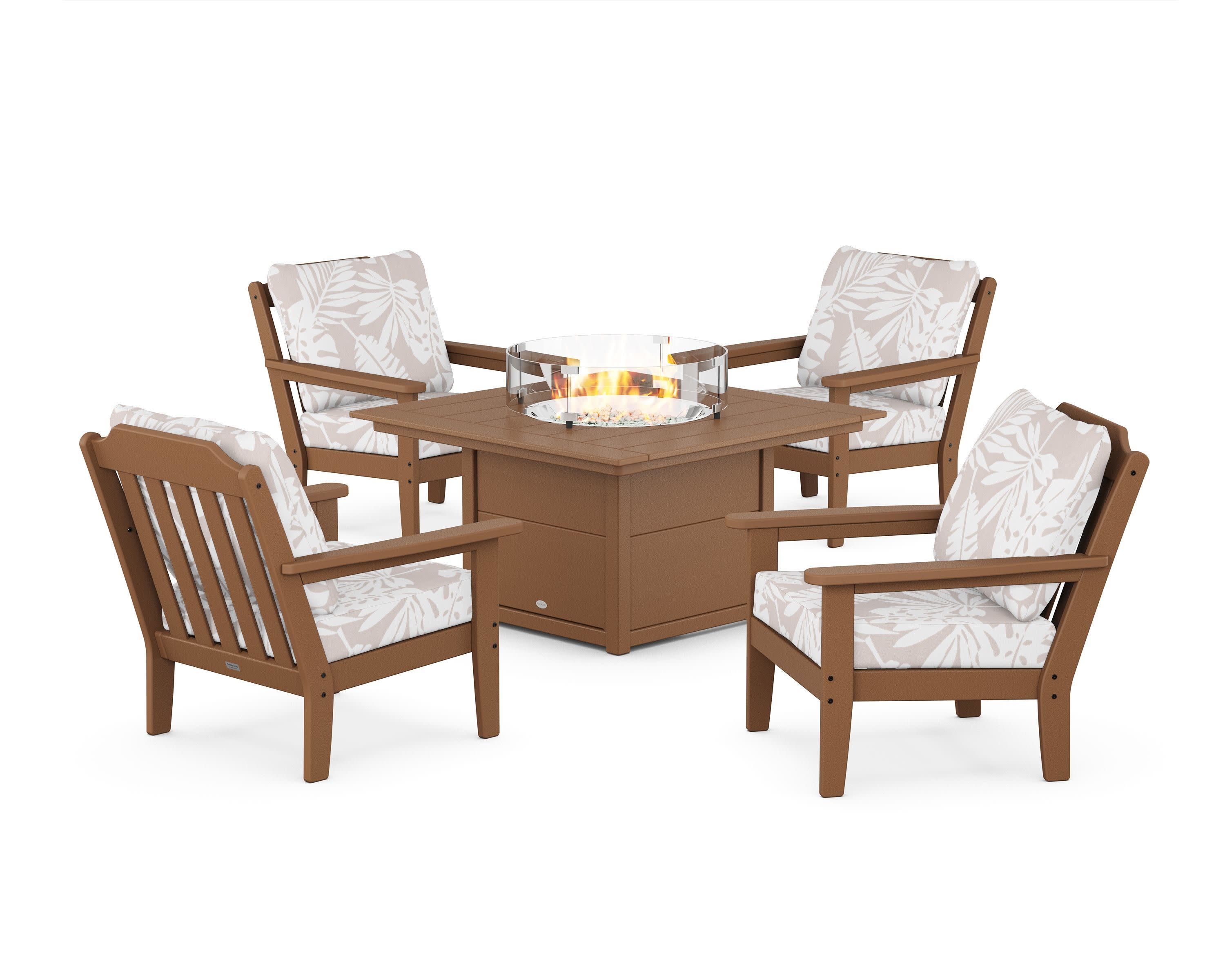 Cottage 5-Piece Deep Seating Set with Fire Pit Table in Teak / Leaf Dune Burlap