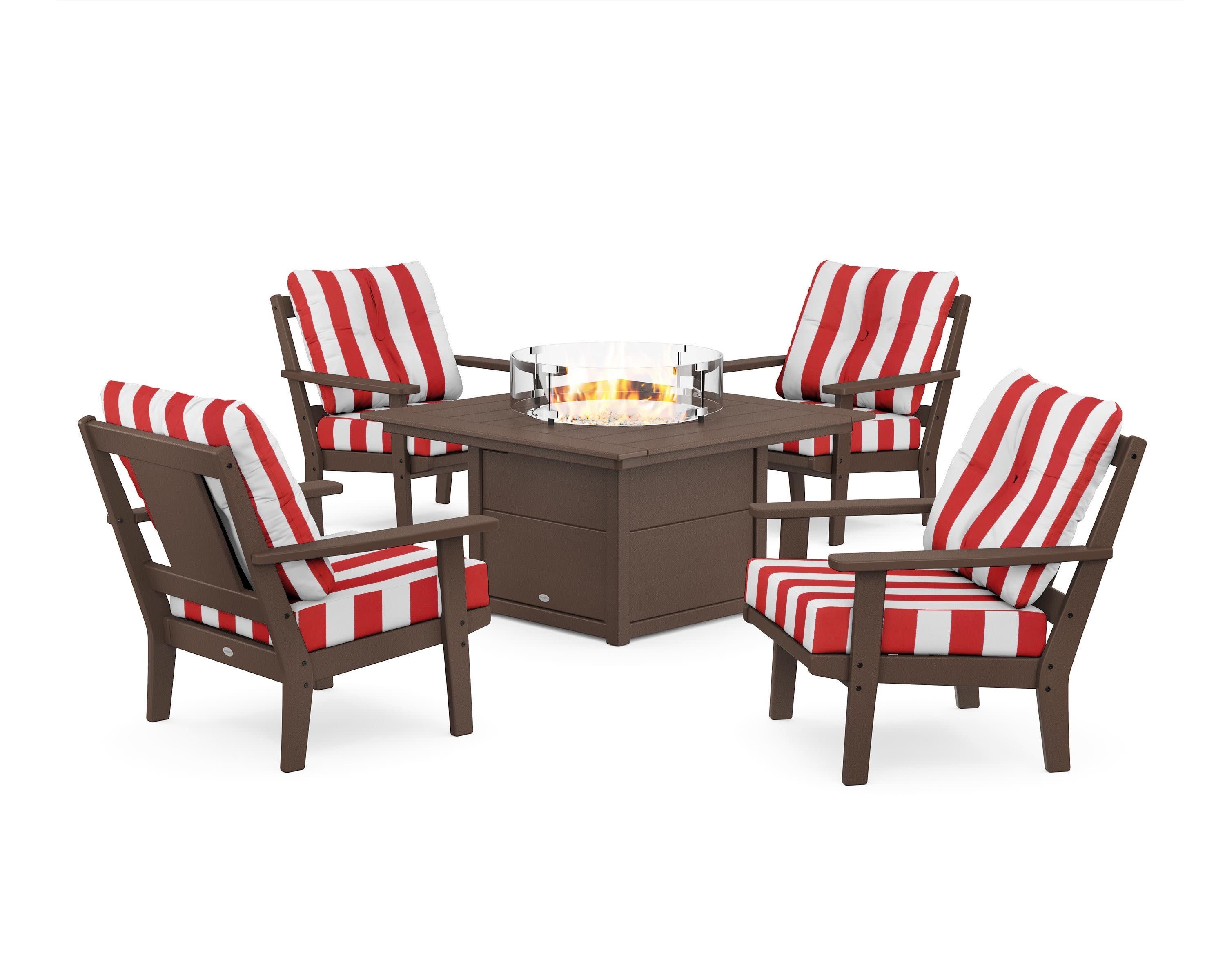 Prairie 5-Piece Deep Seating Set with Fire Pit Table in Mahogany / Cabana Stripe Crimson