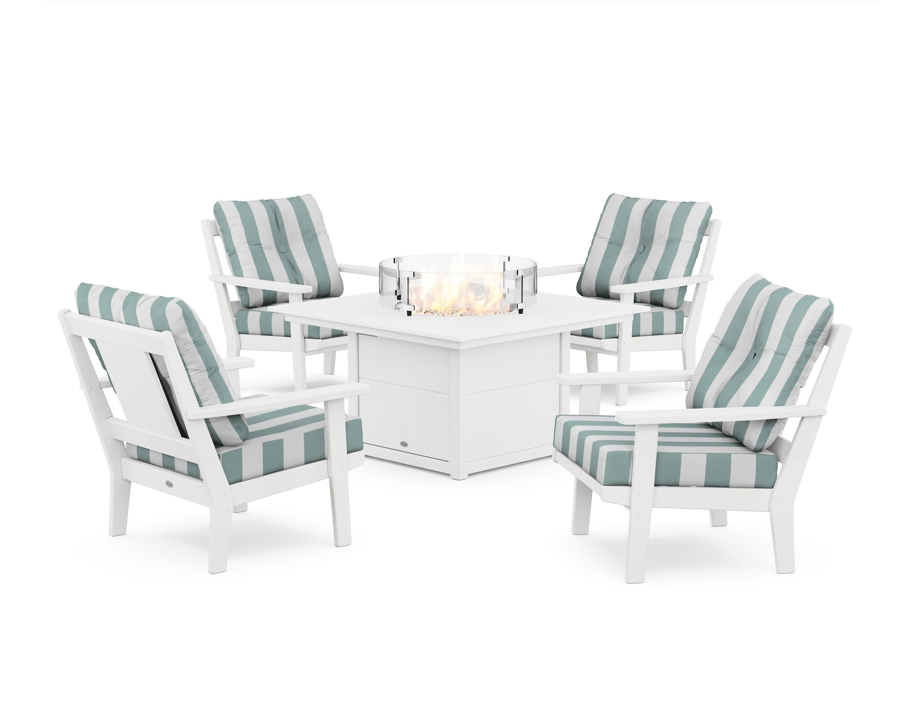 Prairie 5-Piece Deep Seating Set with Fire Pit Table in White / Cabana Stripe Glacier Spa