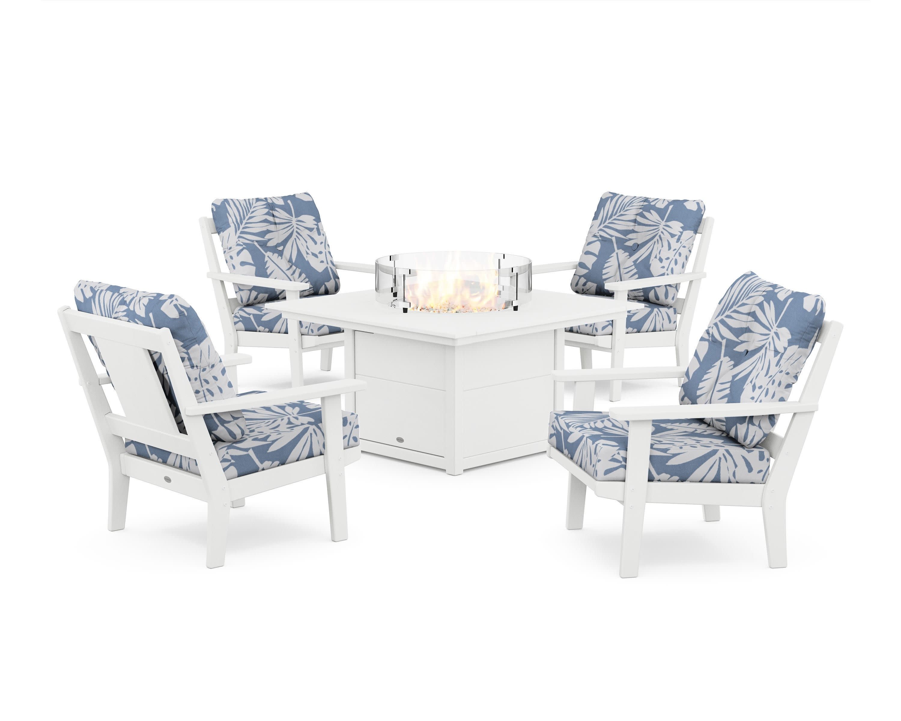 Prairie 5-Piece Deep Seating Set with Fire Pit Table in White / Leaf Sky Blue