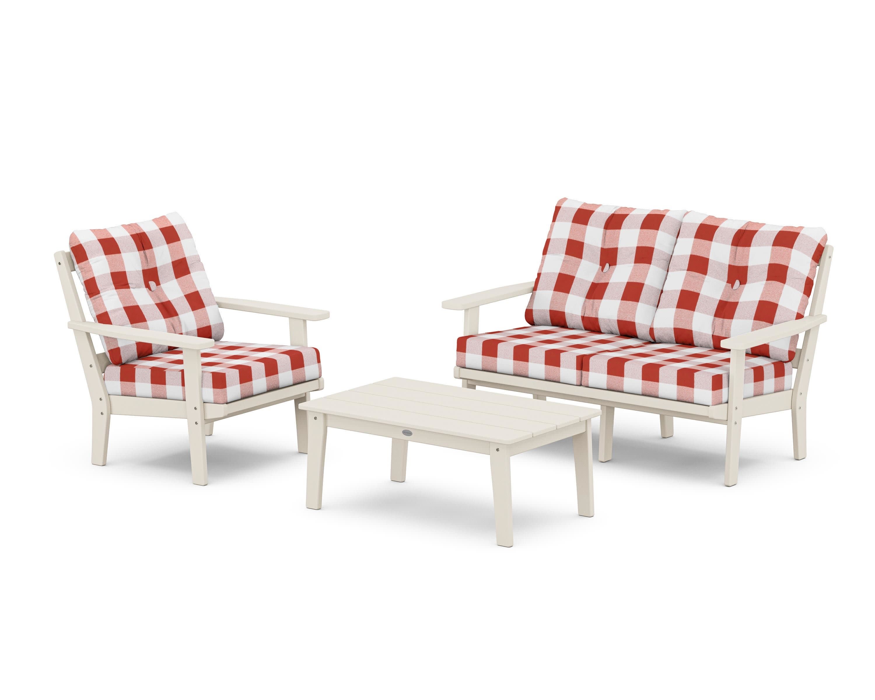Prairie 3-Piece Deep Seating Set with Loveseat in Sand / Buffalo Plaid Crimson