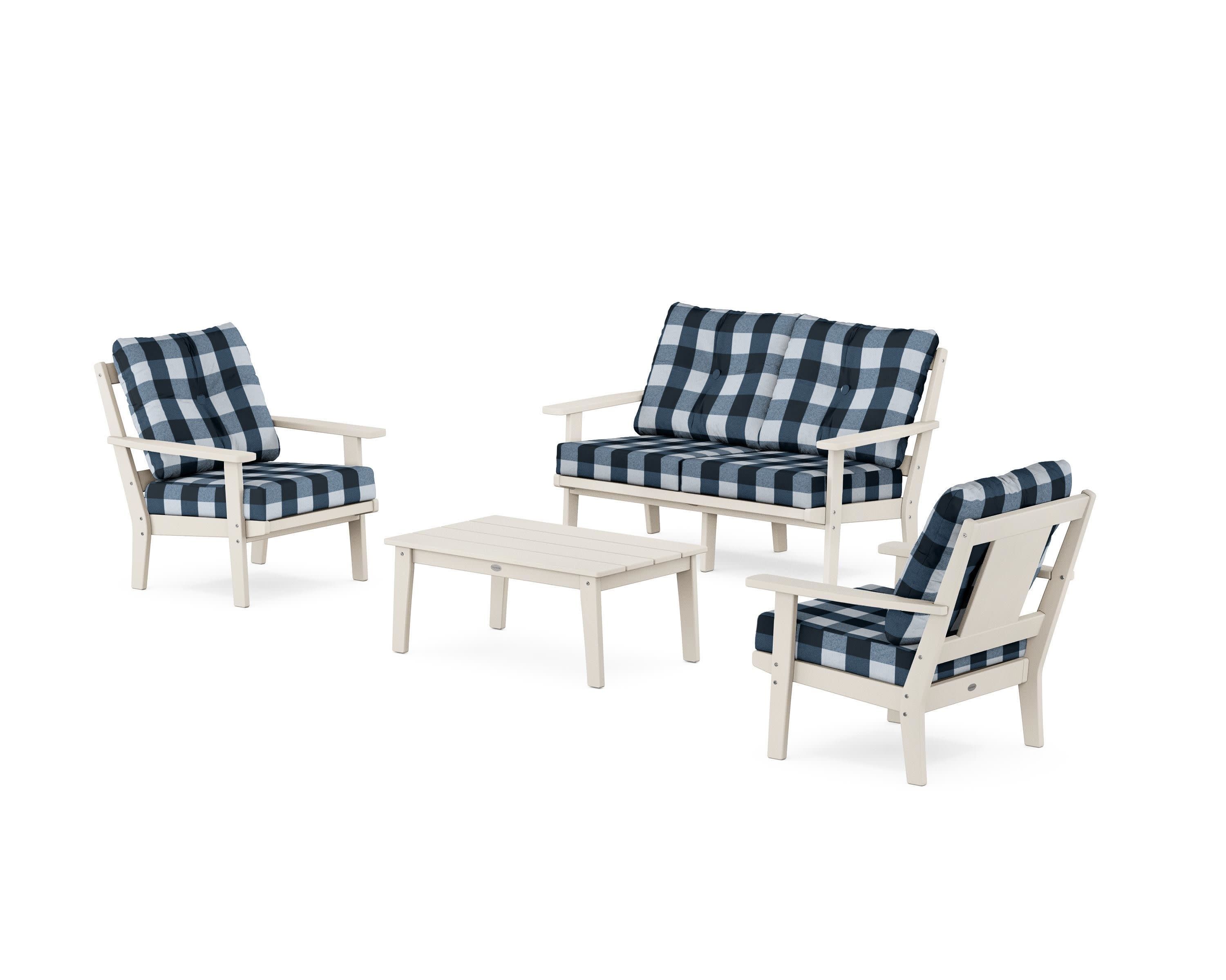 Prairie 4-Piece Deep Seating Set with Loveseat in Sand / Buffalo Plaid Marine Indigo