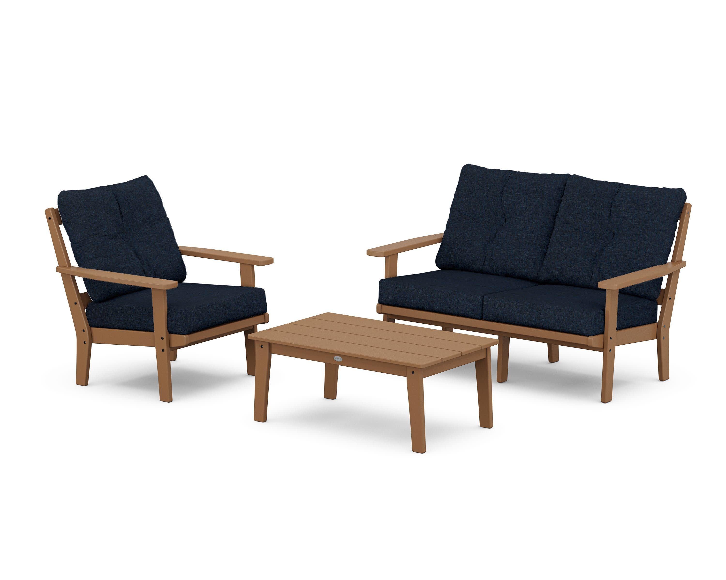 Prairie 3-Piece Deep Seating Set with Loveseat in Teak / Marine Indigo