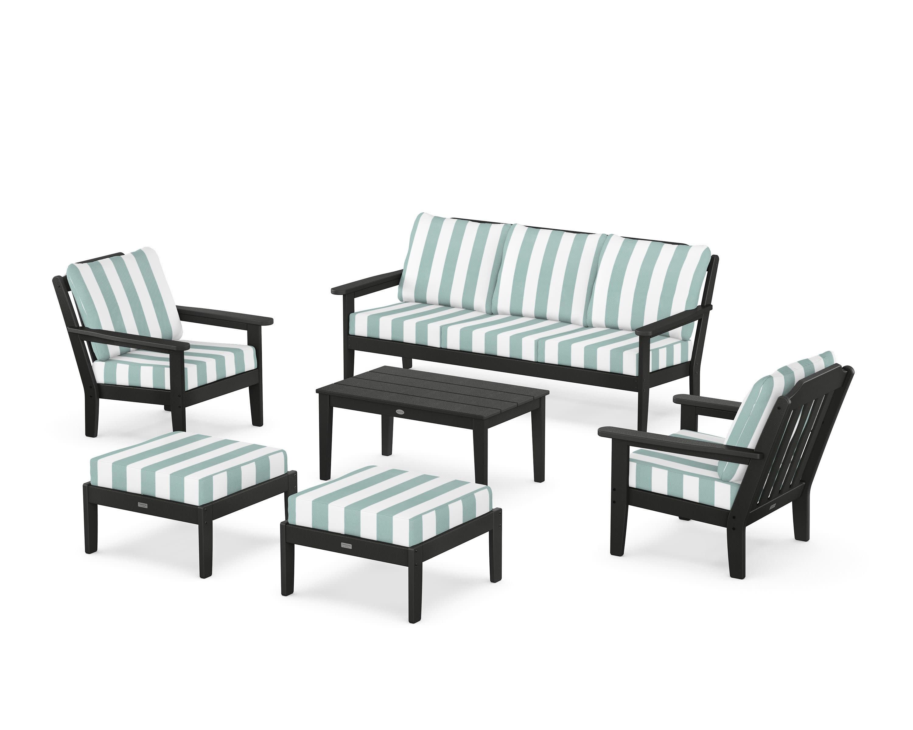 Cottage 6-Piece Lounge Sofa Set in Black / Cabana Stripe Glacier Spa